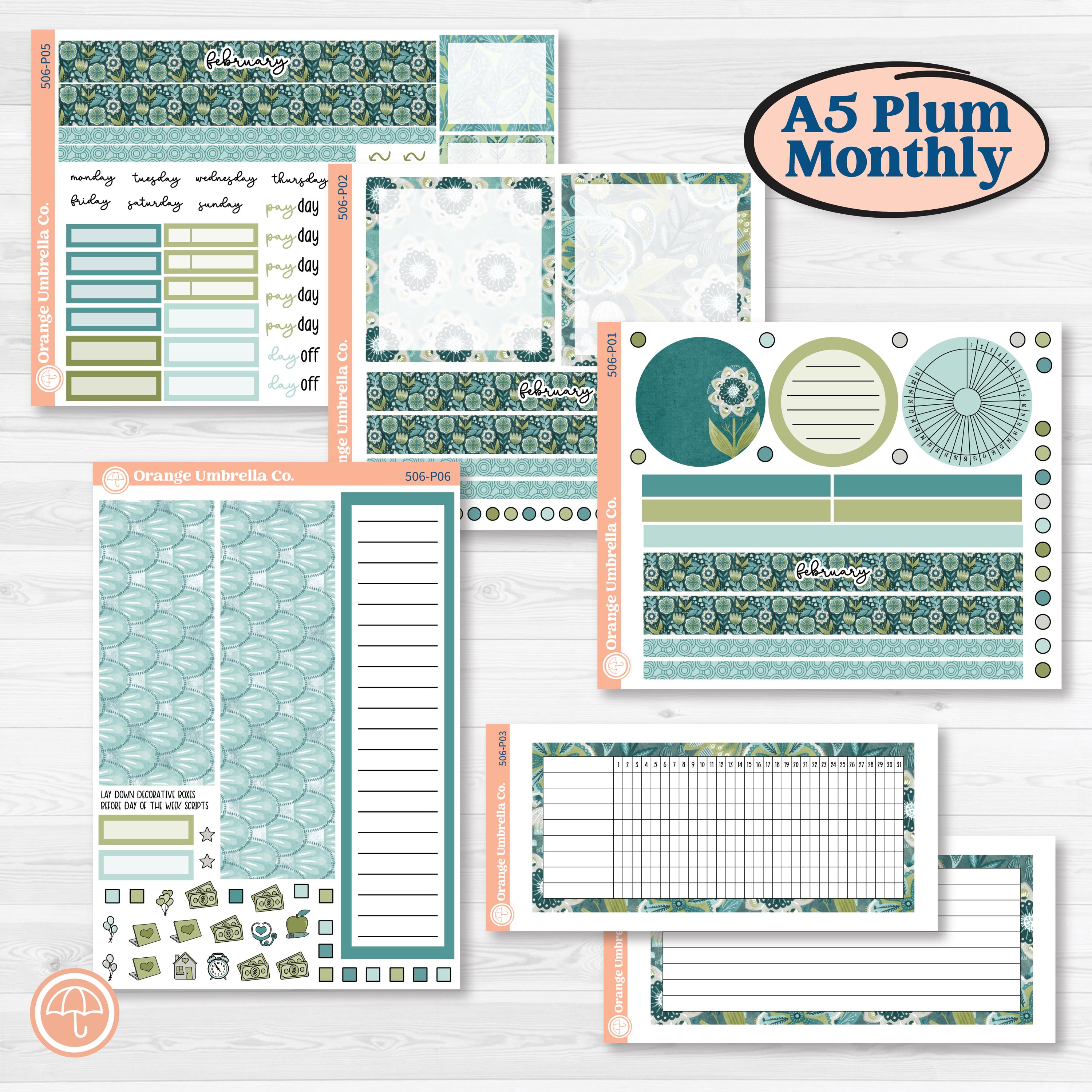 Soft Blue Florals Kit | A5 Plum Monthly & Dashboard Planner Kit Sticke