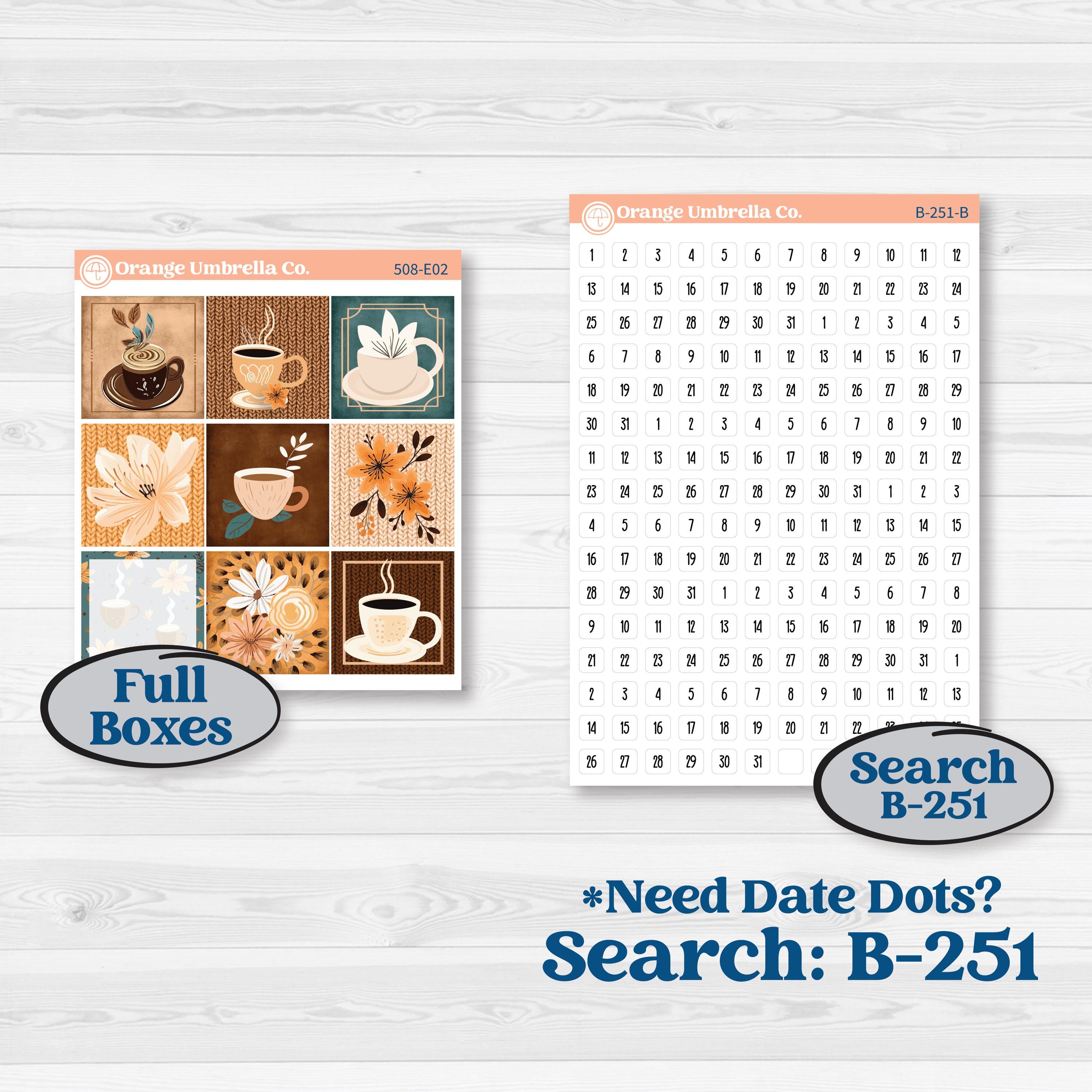 Coffee & Florals Sticker Kit | Hobonichi Cousin Weekly or Daily Planner Kit Stickers | Mocha | KIT-508-E