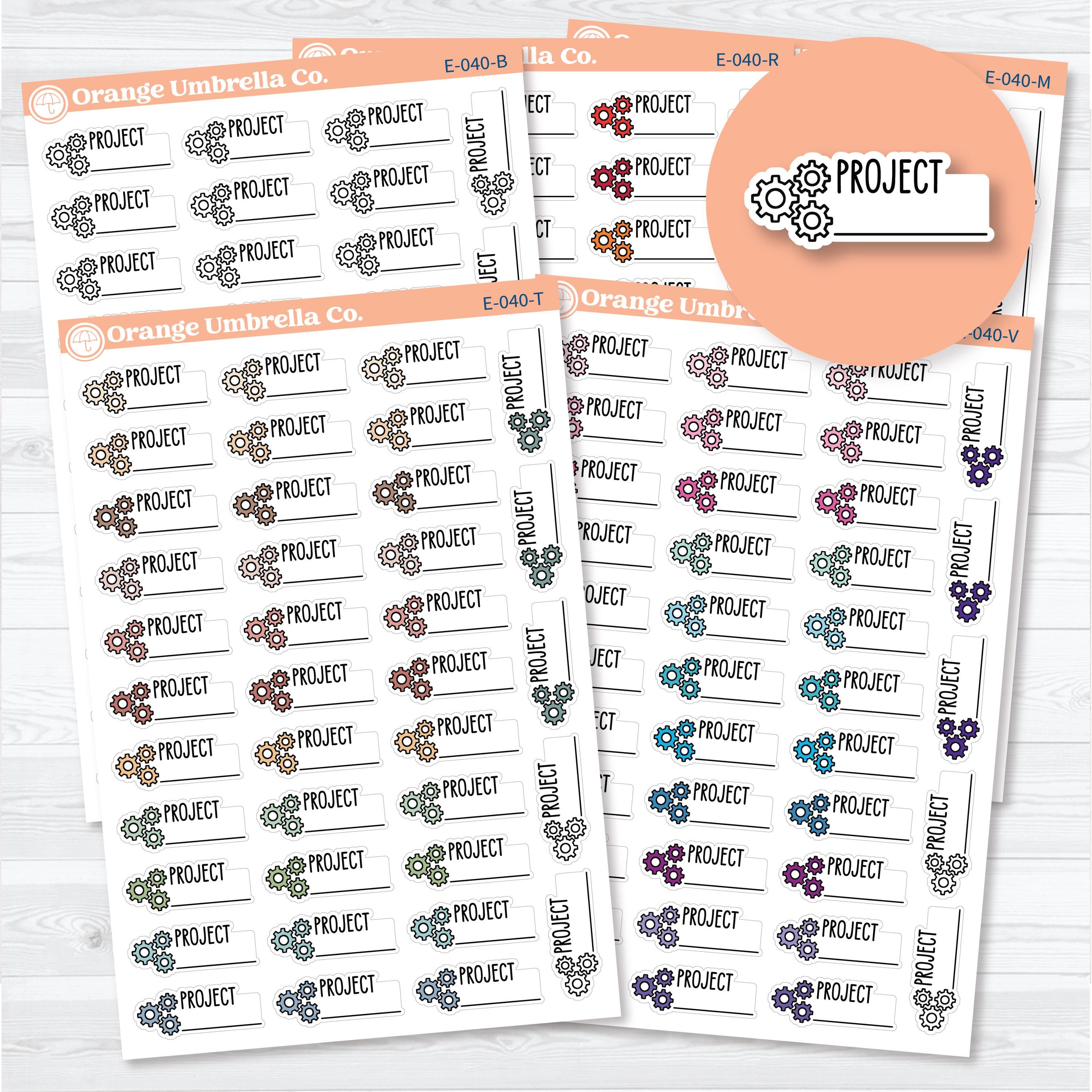 Project event label planner stickers with gear icons on a white matte sticker sheet