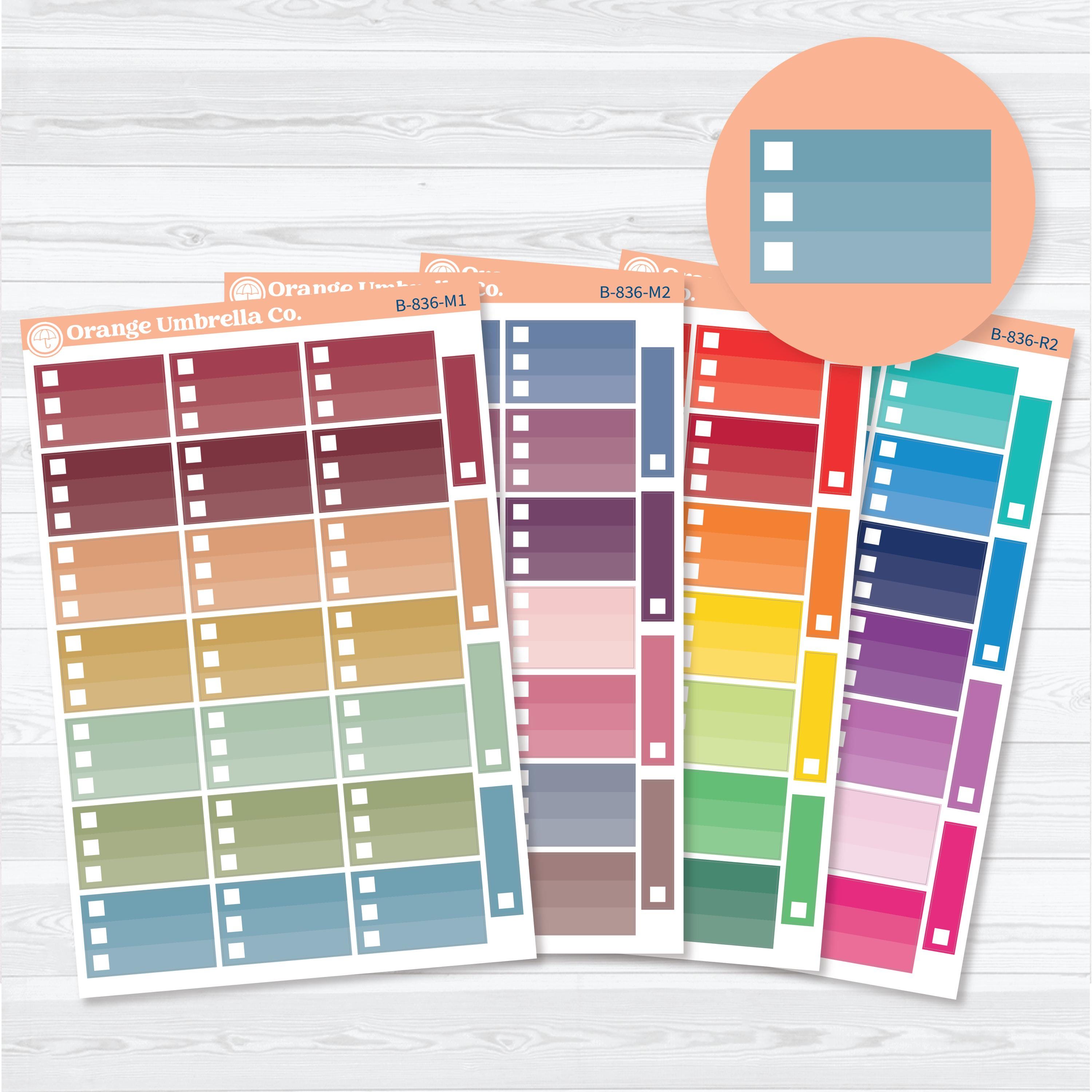Ombre checklist box planner stickers with three-line priority boxes on a white matte sticker sheet