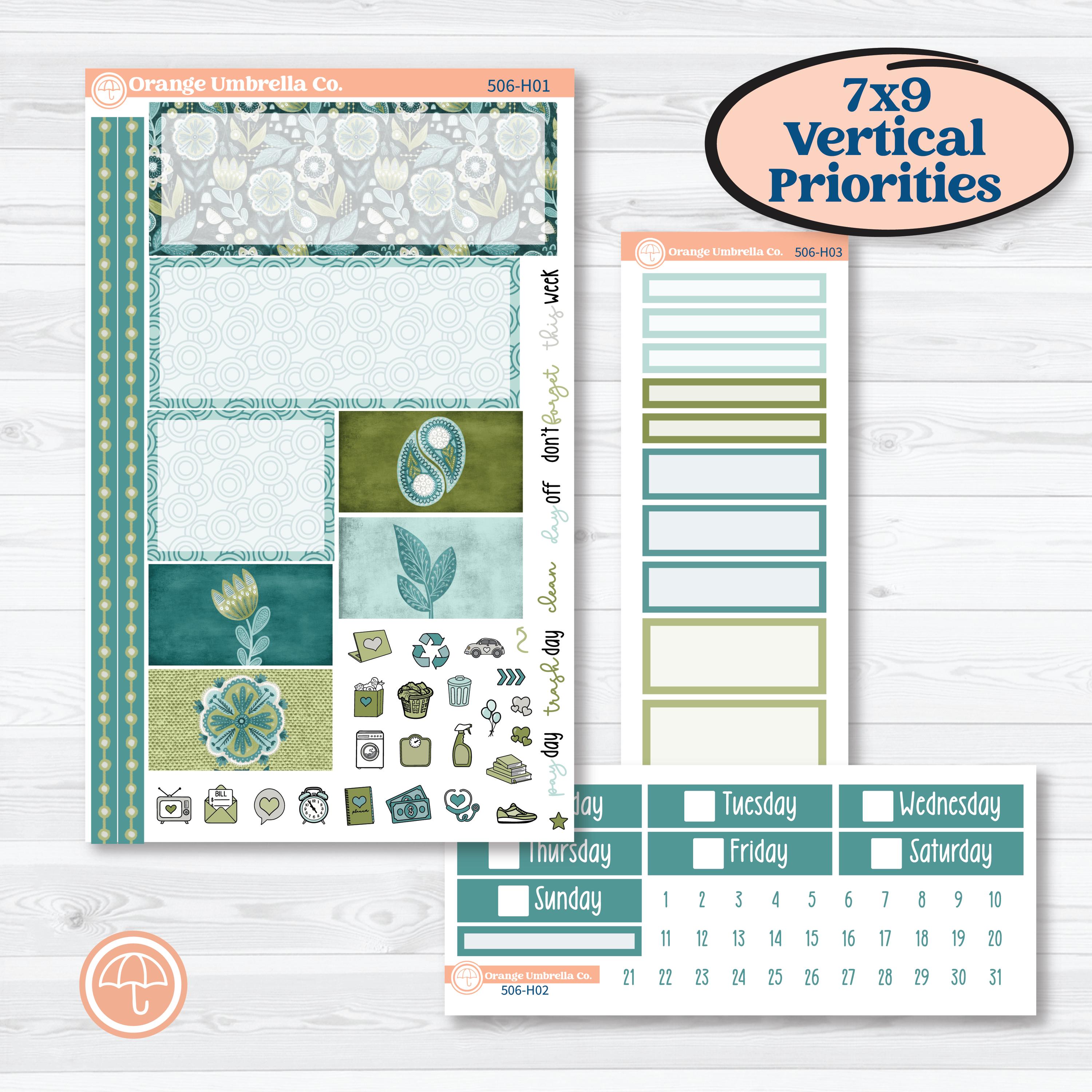Soft Blue Florals Kit | Plum Vertical Priorities 7x9 Planner Kit Stick