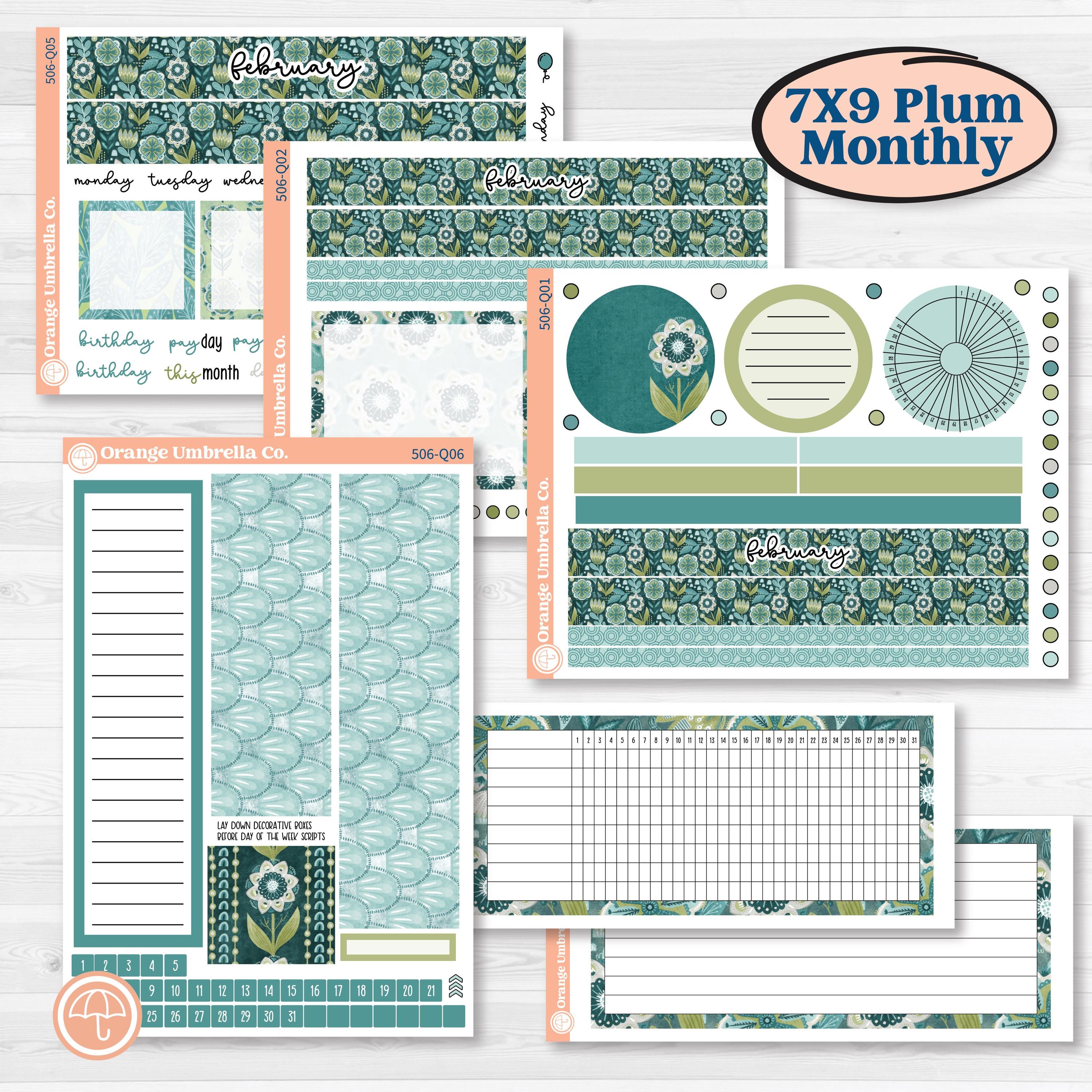 Soft Blue Florals Kit | 7x9 Plum Monthly & Dashboard Planner Kit Stickers | Blue Flora | KIT-506-Q