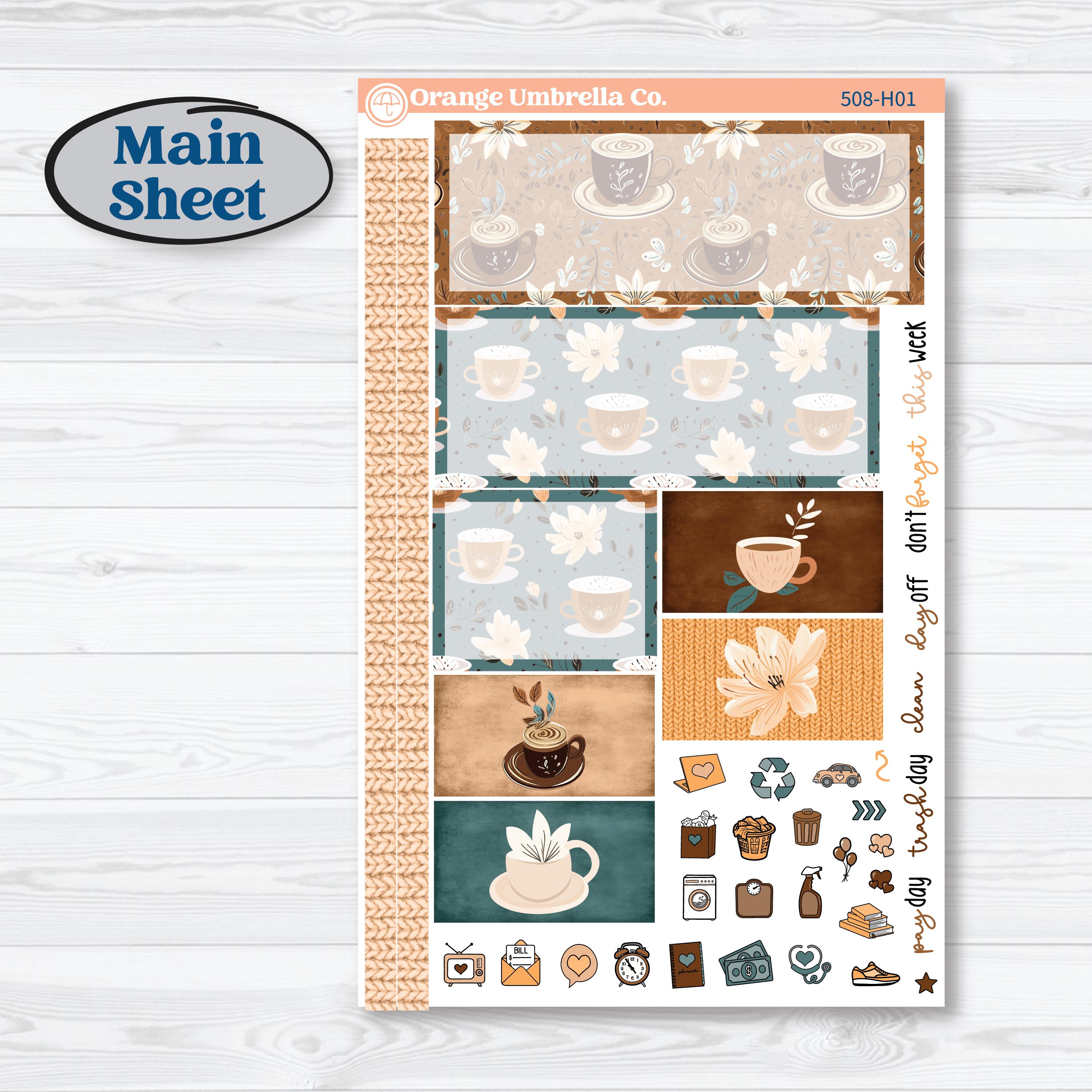 Coffee & Florals Sticker Kit | Plum Vertical Priorities 7x9 Planner Kit Stickers | Mocha | KIT-508-H