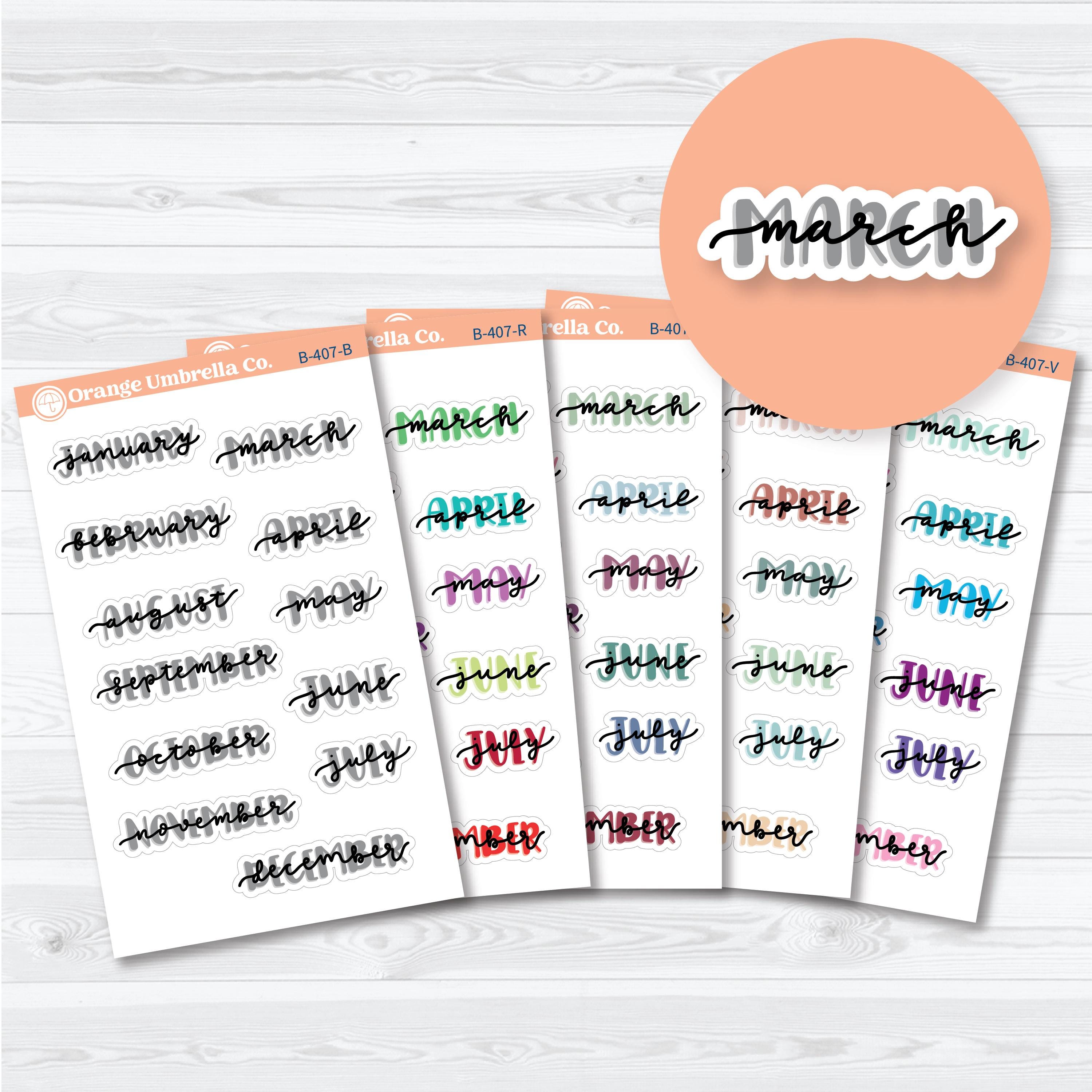 Hand doodled months of the year planner stickers with layered script lettering on a white matte sticker sheet