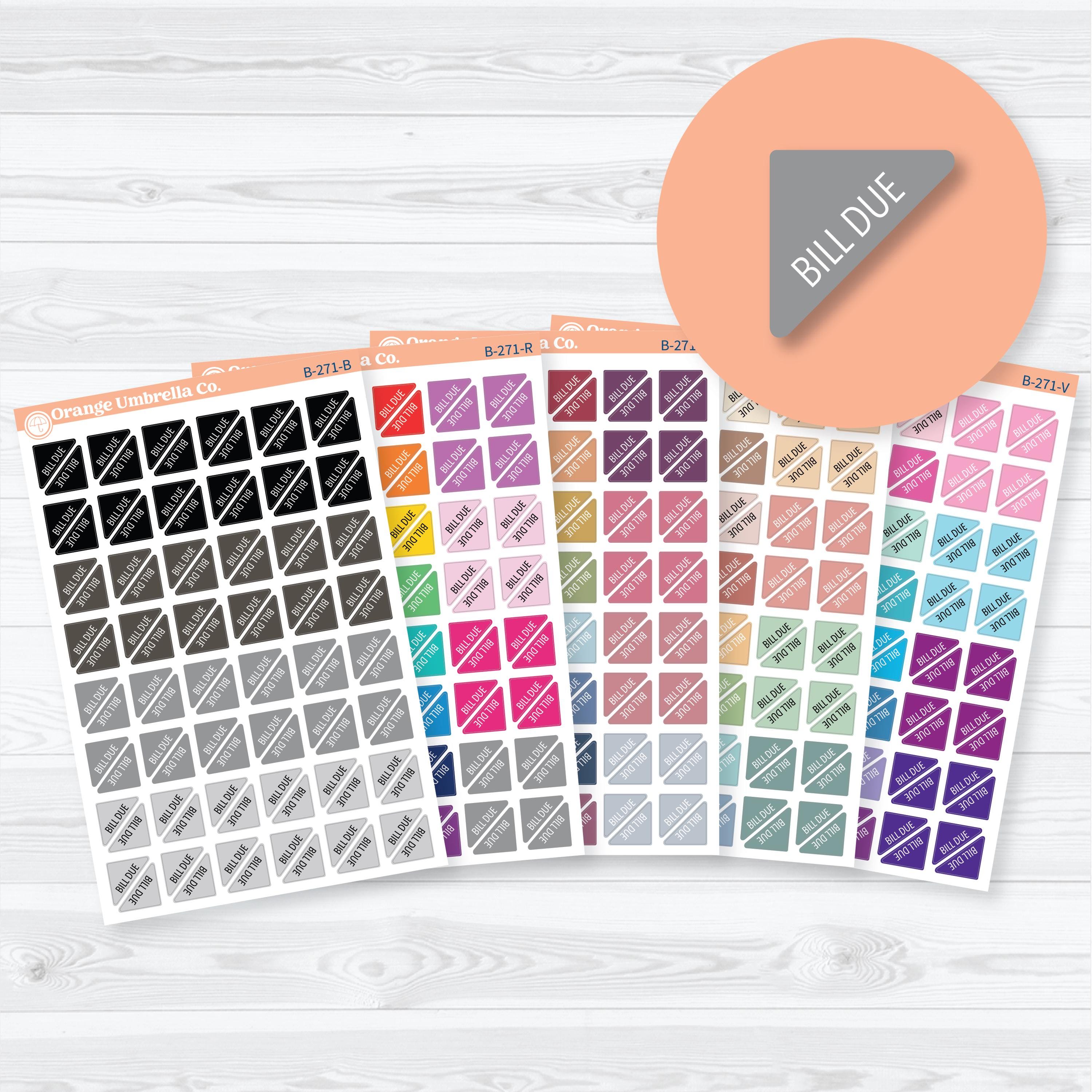 Bill due mini corner flag planner stickers in assorted colors on a white matte sticker sheet