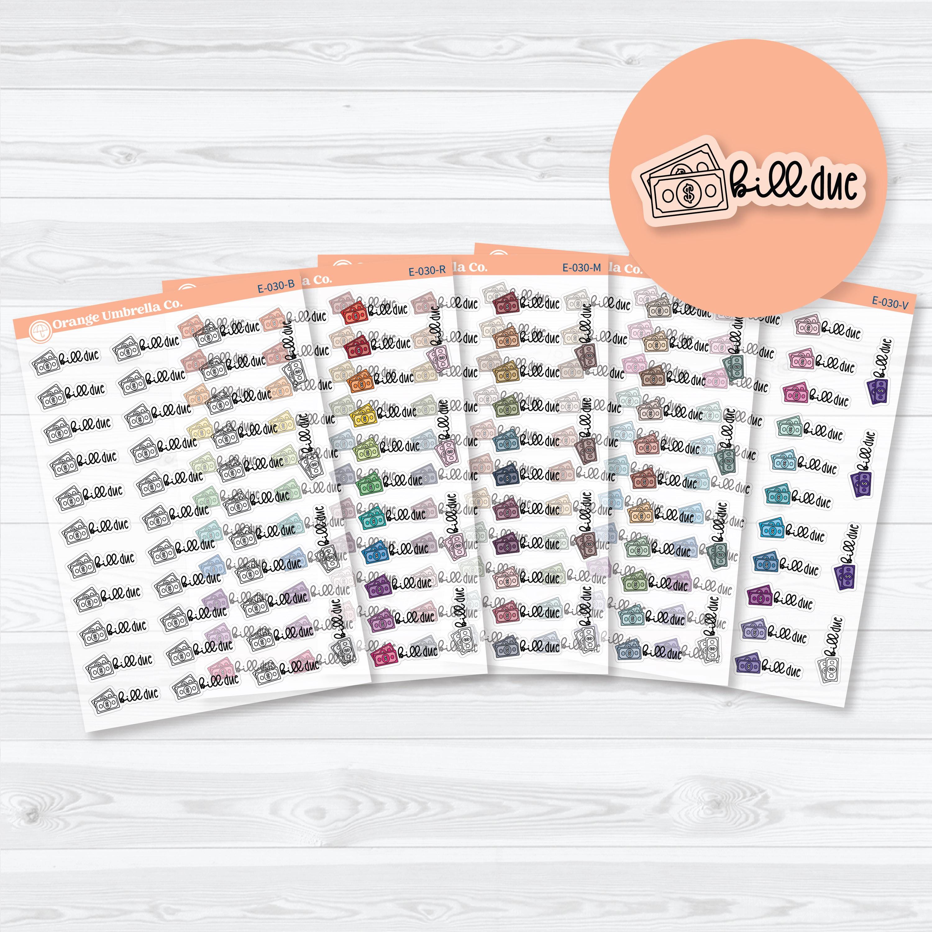 Clear matte bill due F18 event label planner stickers with money icons on transparent sticker paper