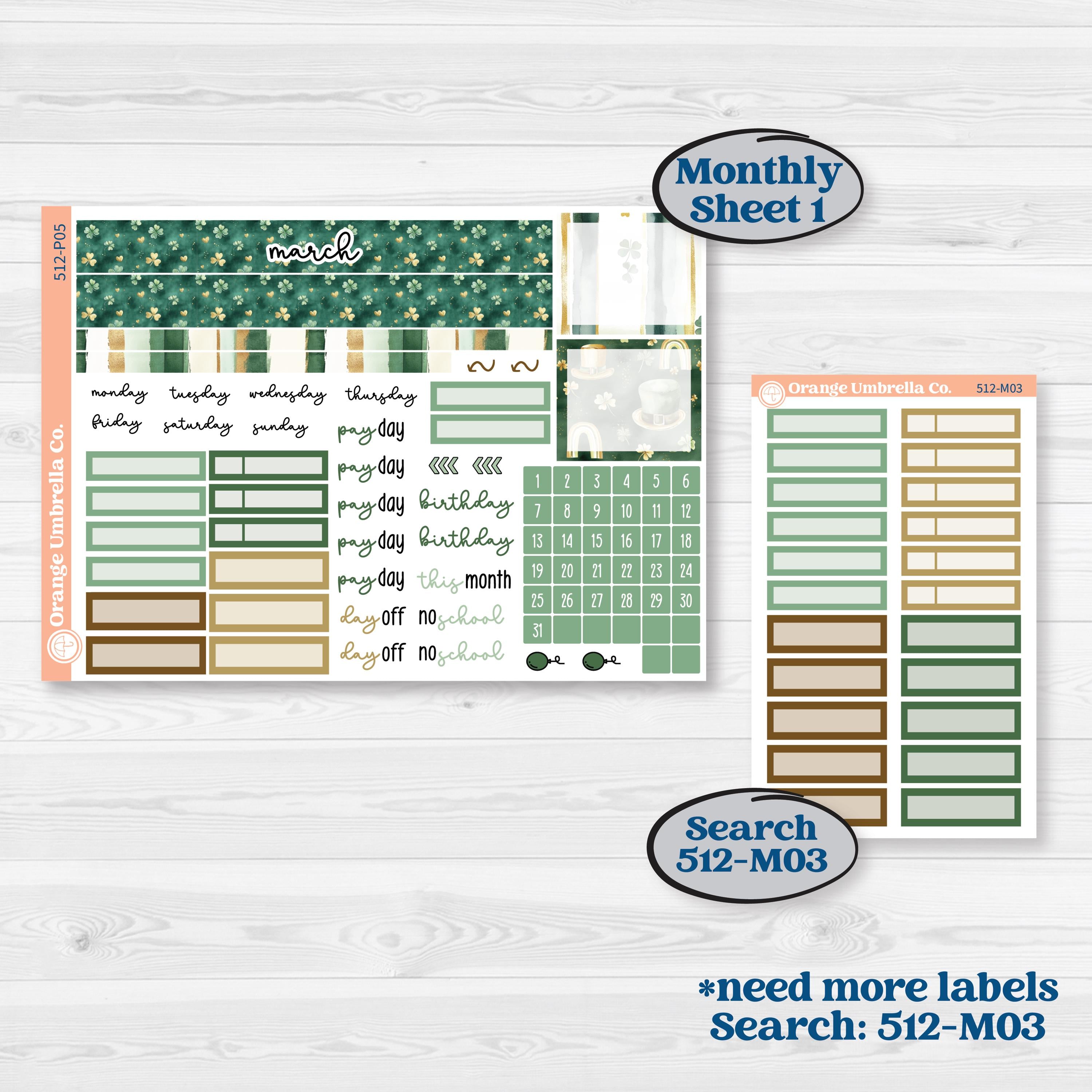 St. Patrick’s Day | A5 Plum Monthly & Dashboard Planner Kit Stickers | Emerald Isle | KIT-512-P