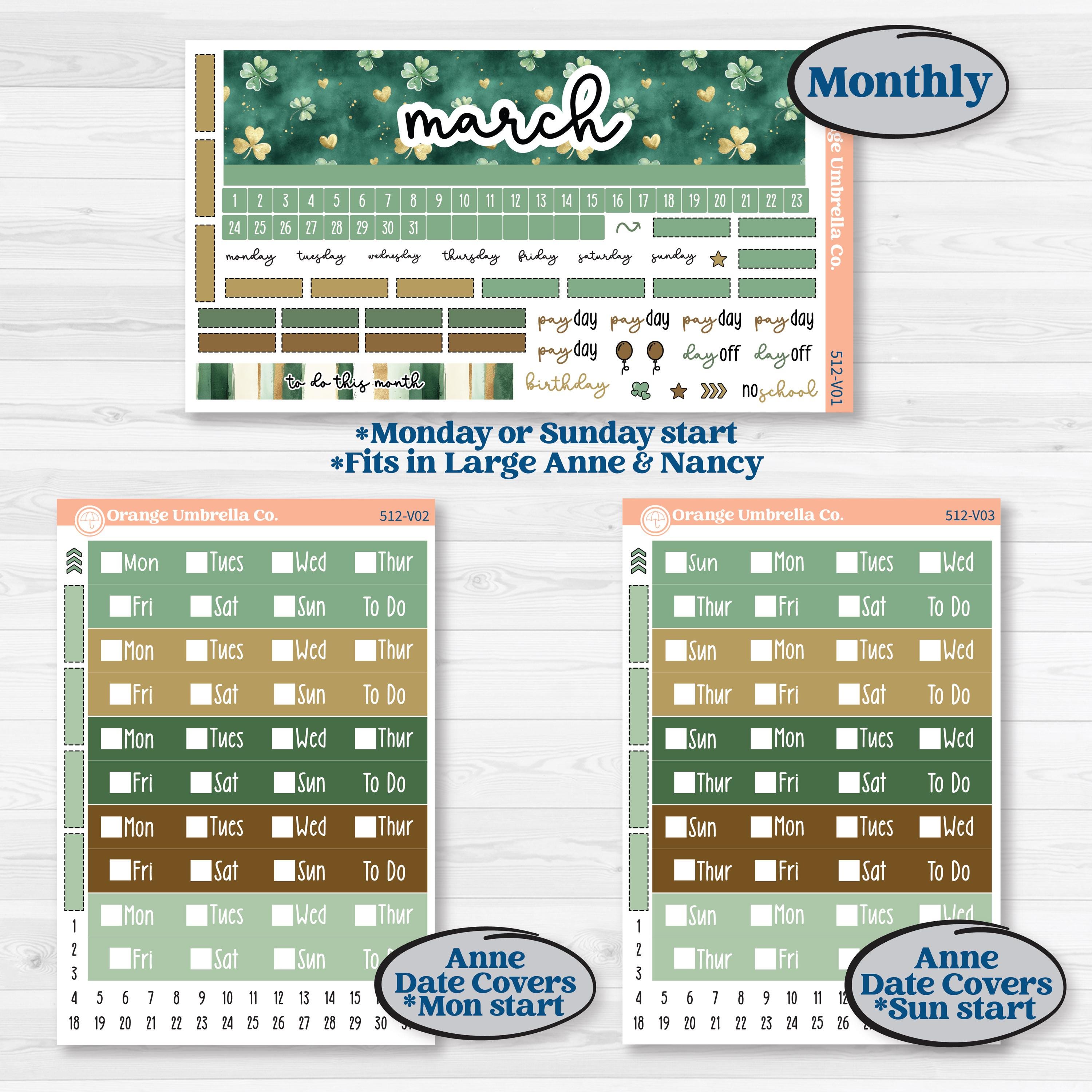 St. Patrick’s Day | Laurel Denise Nancy Large & Anne Large Planner Kit Stickers | Emerald Isle | KIT-512-V