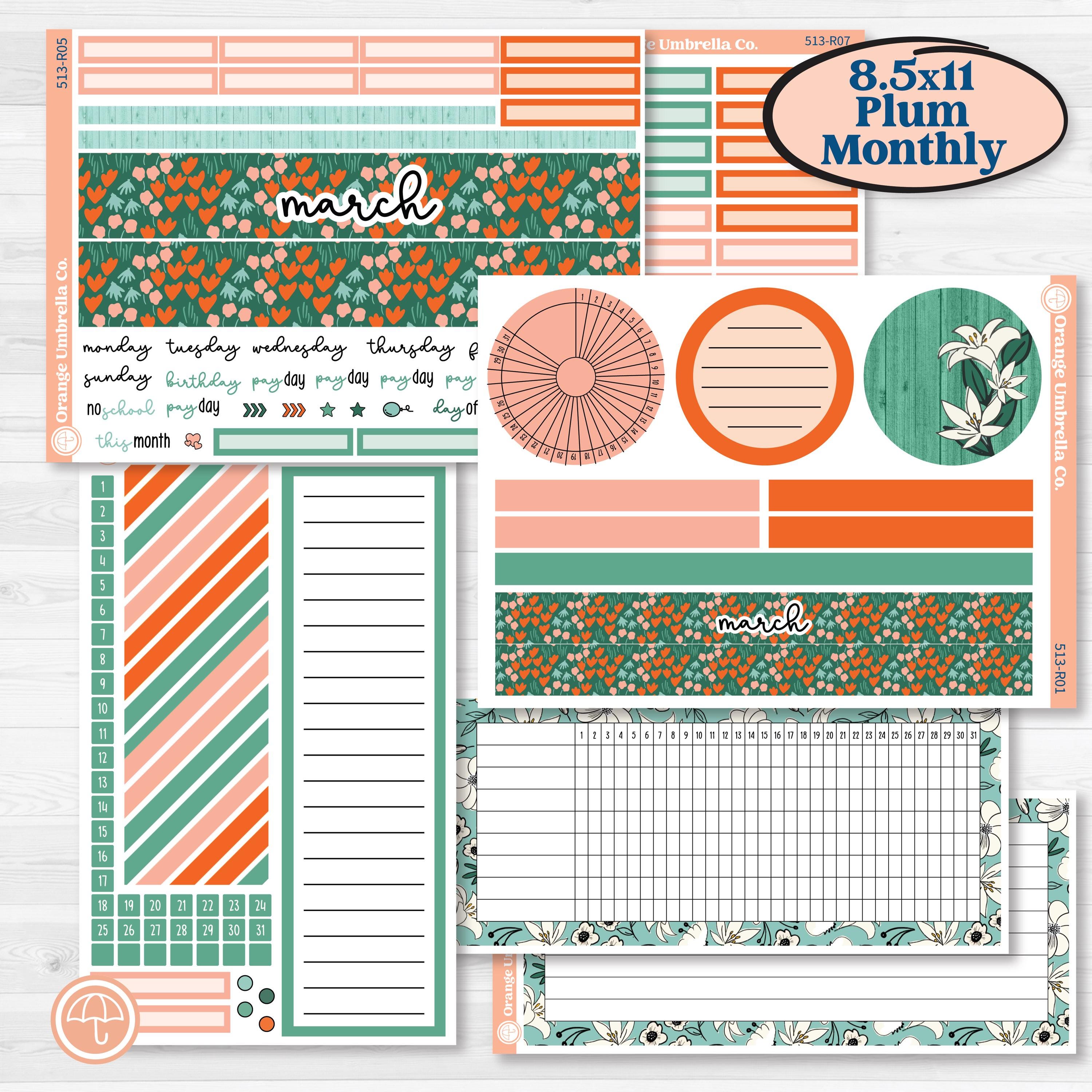 Playful March Florals | 8.5x11 Plum Monthly & Dashboard Planner Kit Stickers | Millie | KIT-513-R