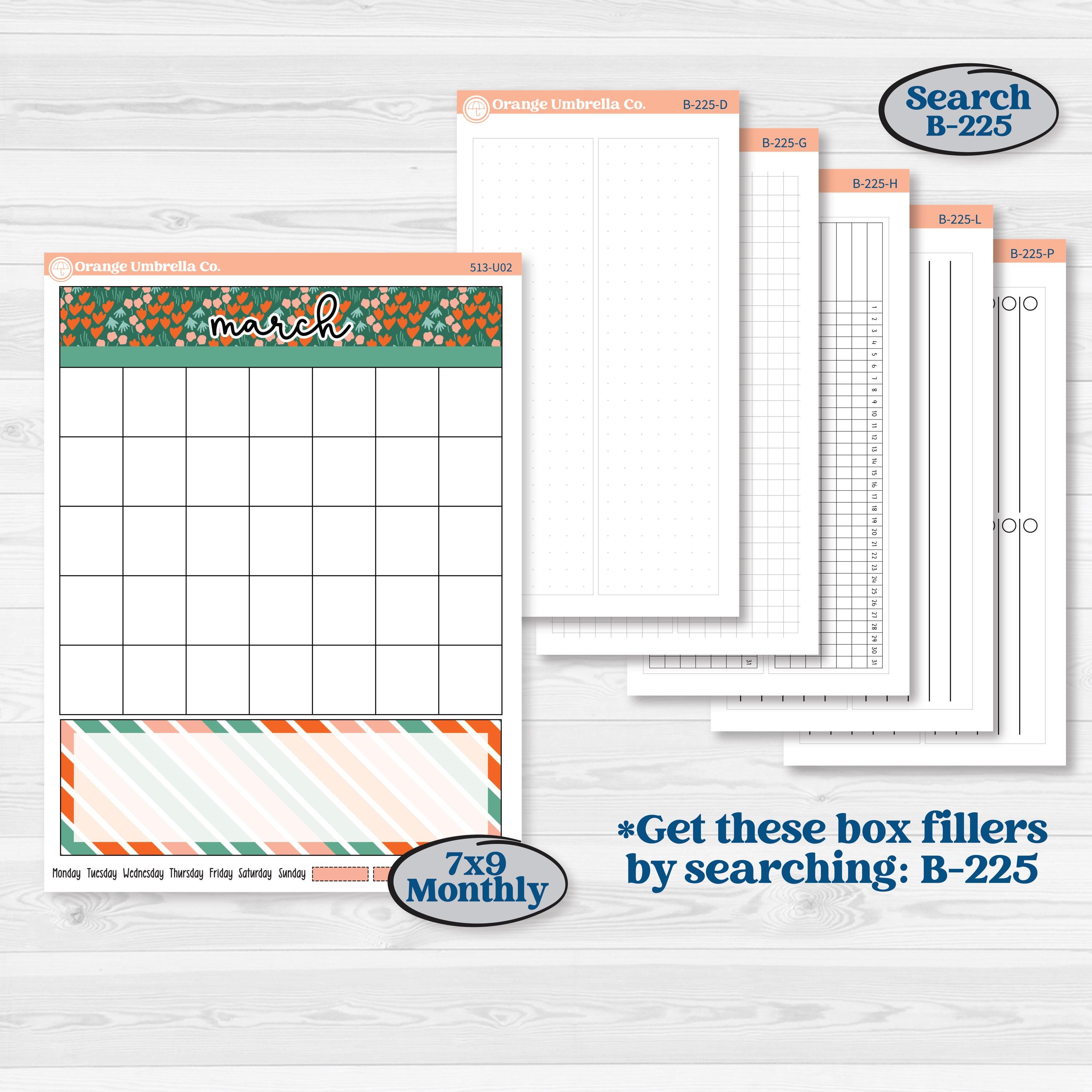 Playful March Florals | A5 or 7x9 Create Your Own Monthly or Dashboard Universal | Monthly & Reading Log Sticker Kit | Millie | KIT-513-U