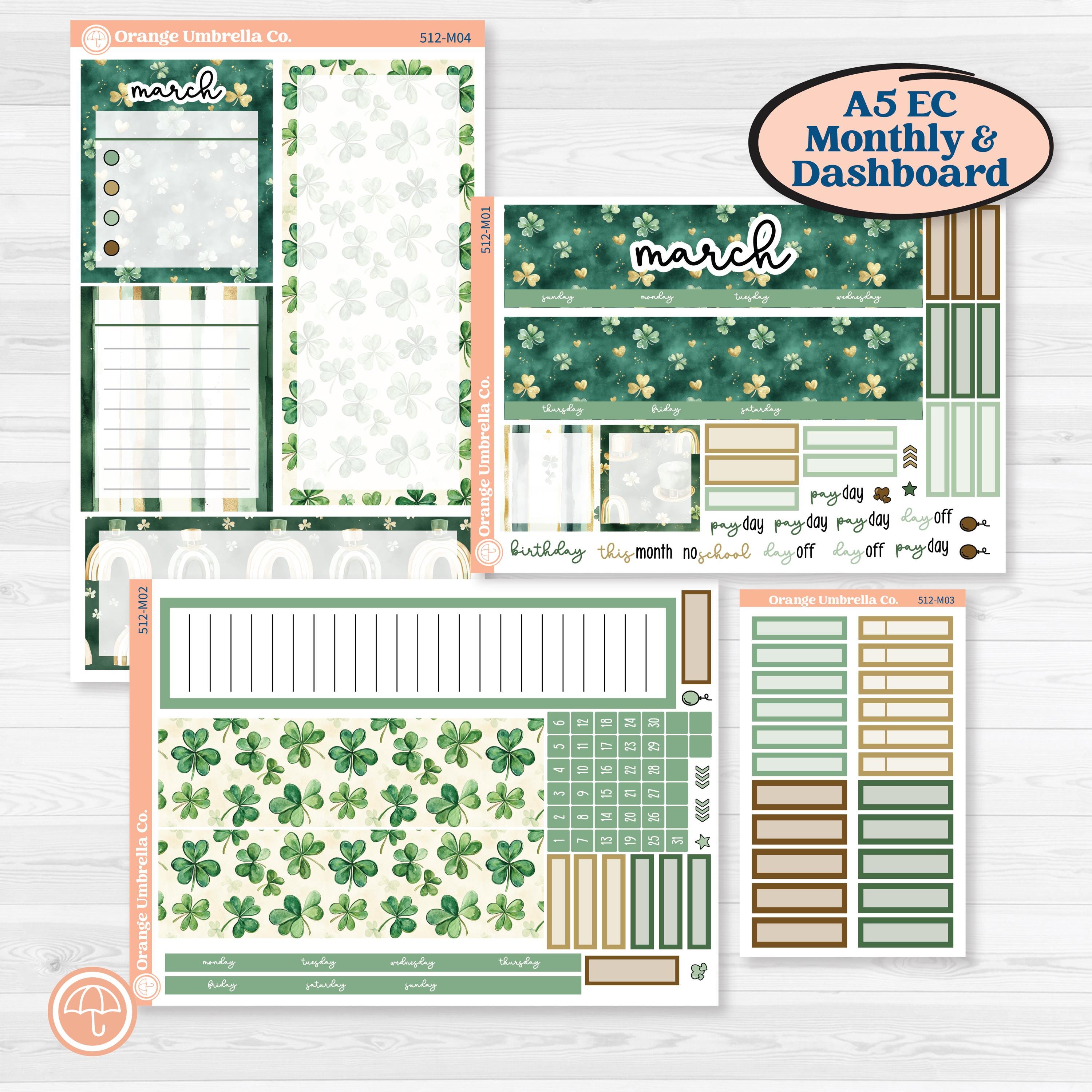 St. Patrick’s Day | A5 Erin Condren Monthly & Productivity Dashboard Sticker Kit | Emerald Isle | KIT-512-M