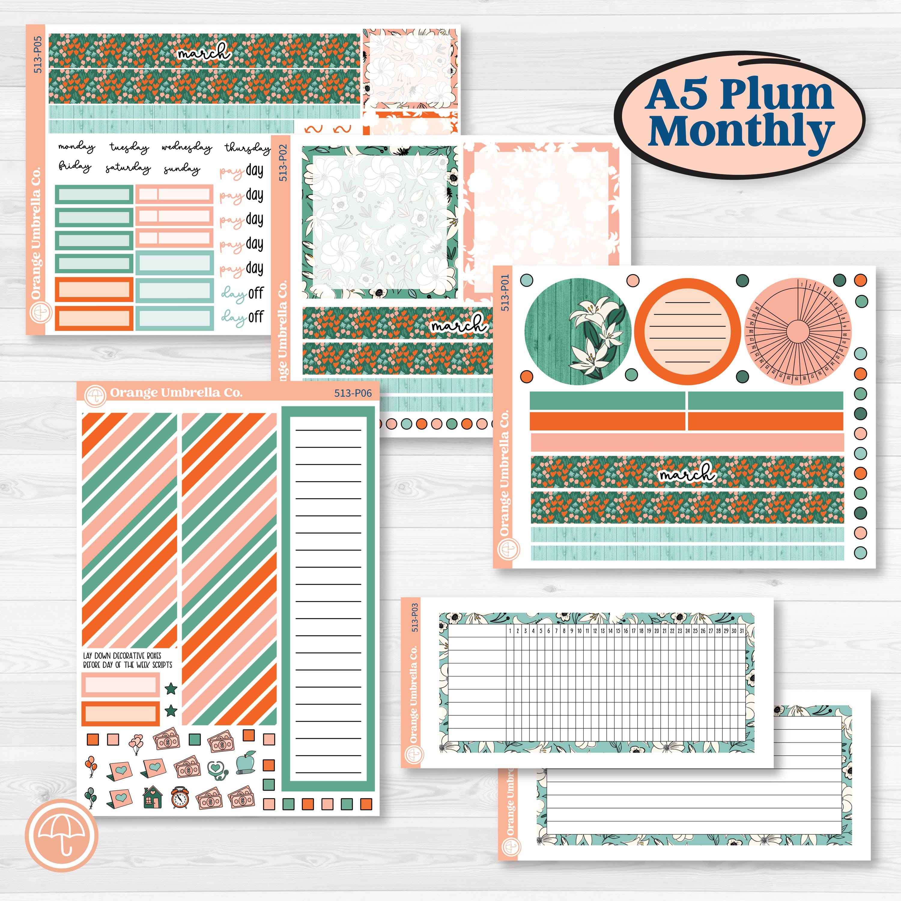 Playful March Florals | A5 Plum Monthly & Dashboard Planner Kit Stickers | Millie | KIT-513-P