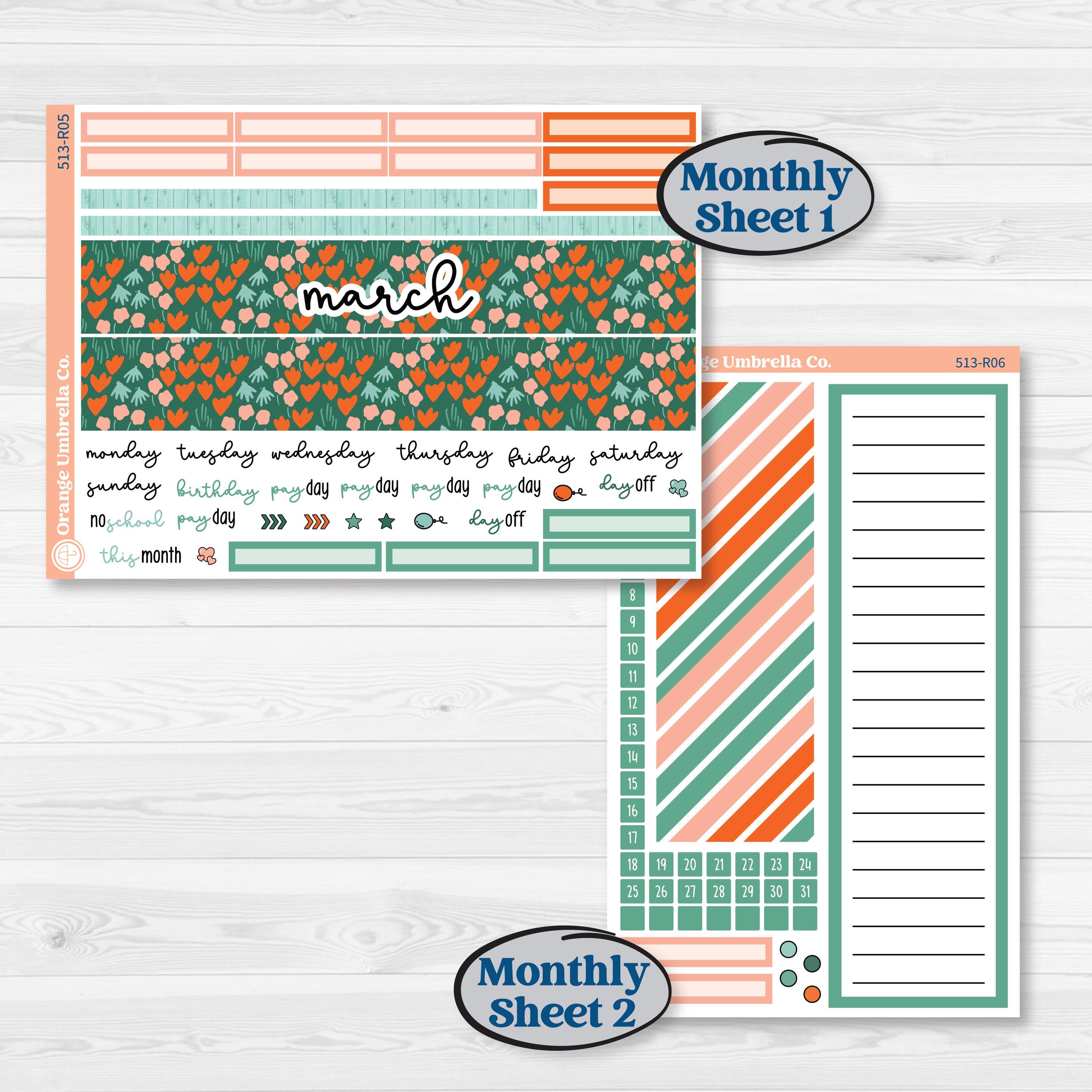 Playful March Florals | 8.5x11 Plum Monthly & Dashboard Planner Kit Stickers | Millie | KIT-513-R