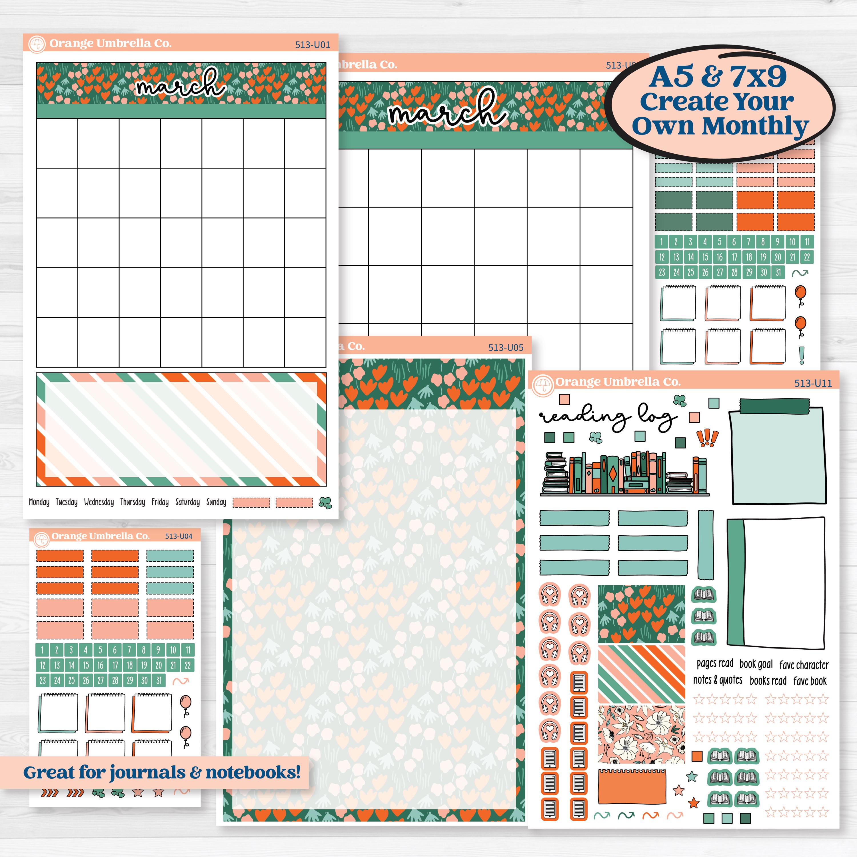 Playful March Florals | A5 or 7x9 Create Your Own Monthly or Dashboard Universal | Monthly & Reading Log Sticker Kit | Millie | KIT-513-U