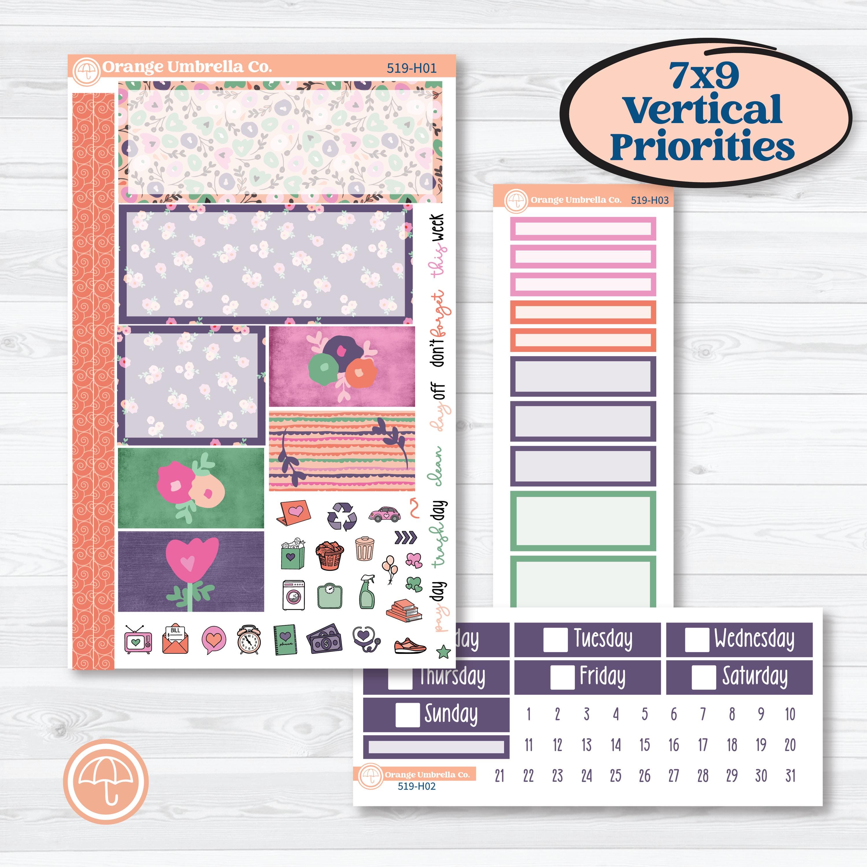 Bright Florals | Plum Vertical Priorities 7x9 Planner Kit Stickers | B