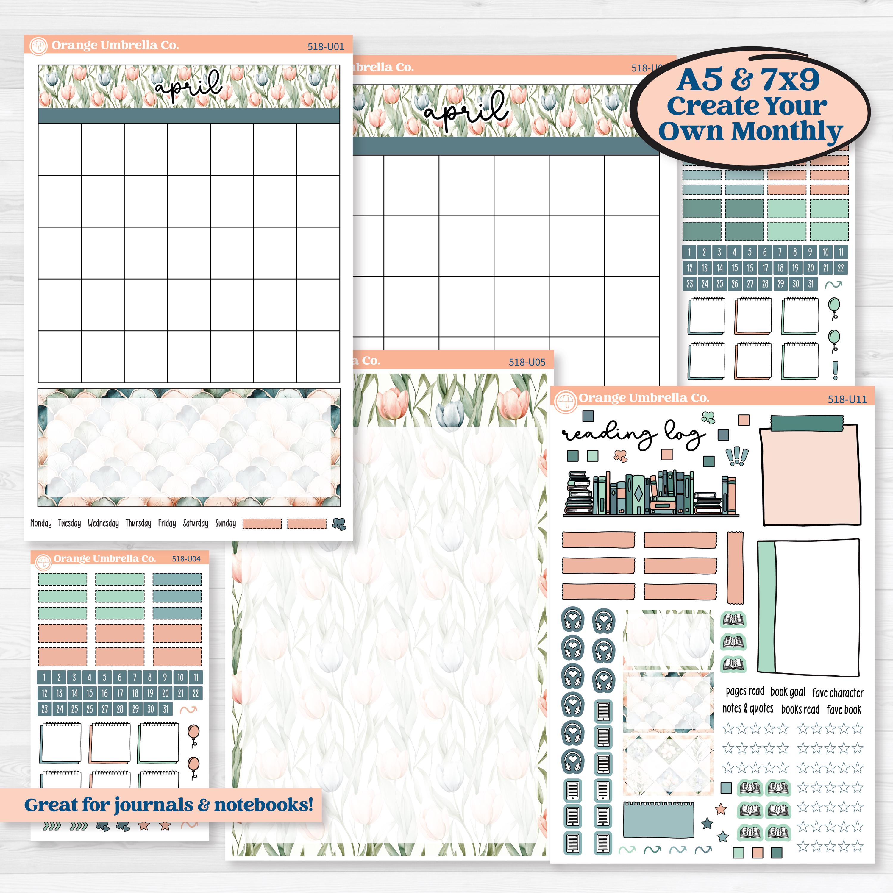 Spring Floral Kit | A5 or 7x9 Create Your Own Monthly Dashboard Universal | Monthly & Reading Log Stickers | Garden Oasis | KIT-518-U