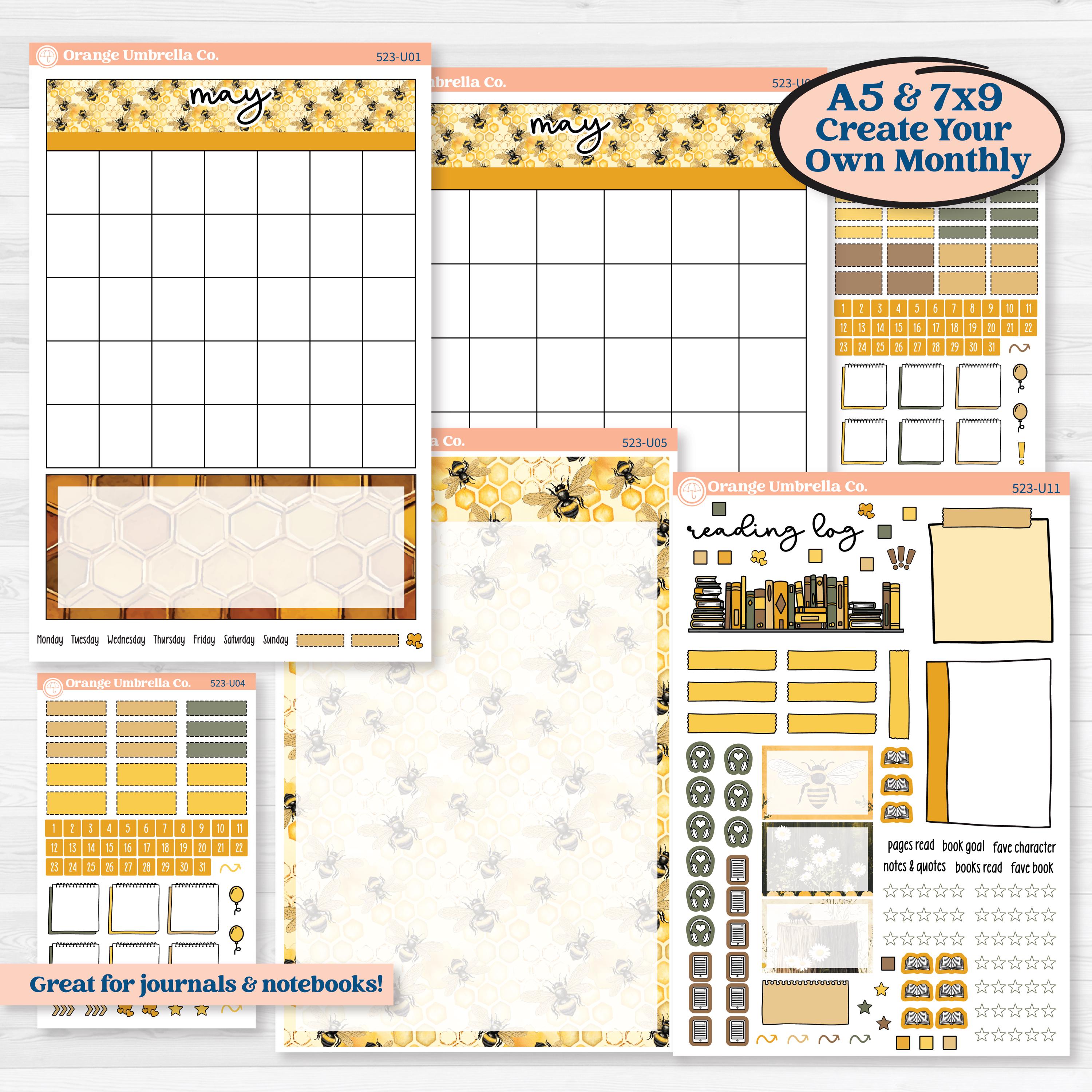Honeybee Garden | A5 or 7x9 Create Your Own Monthly or Dashboard Universal | Monthly & Reading Log Sticker Kit | Bumble | KIT-523-U