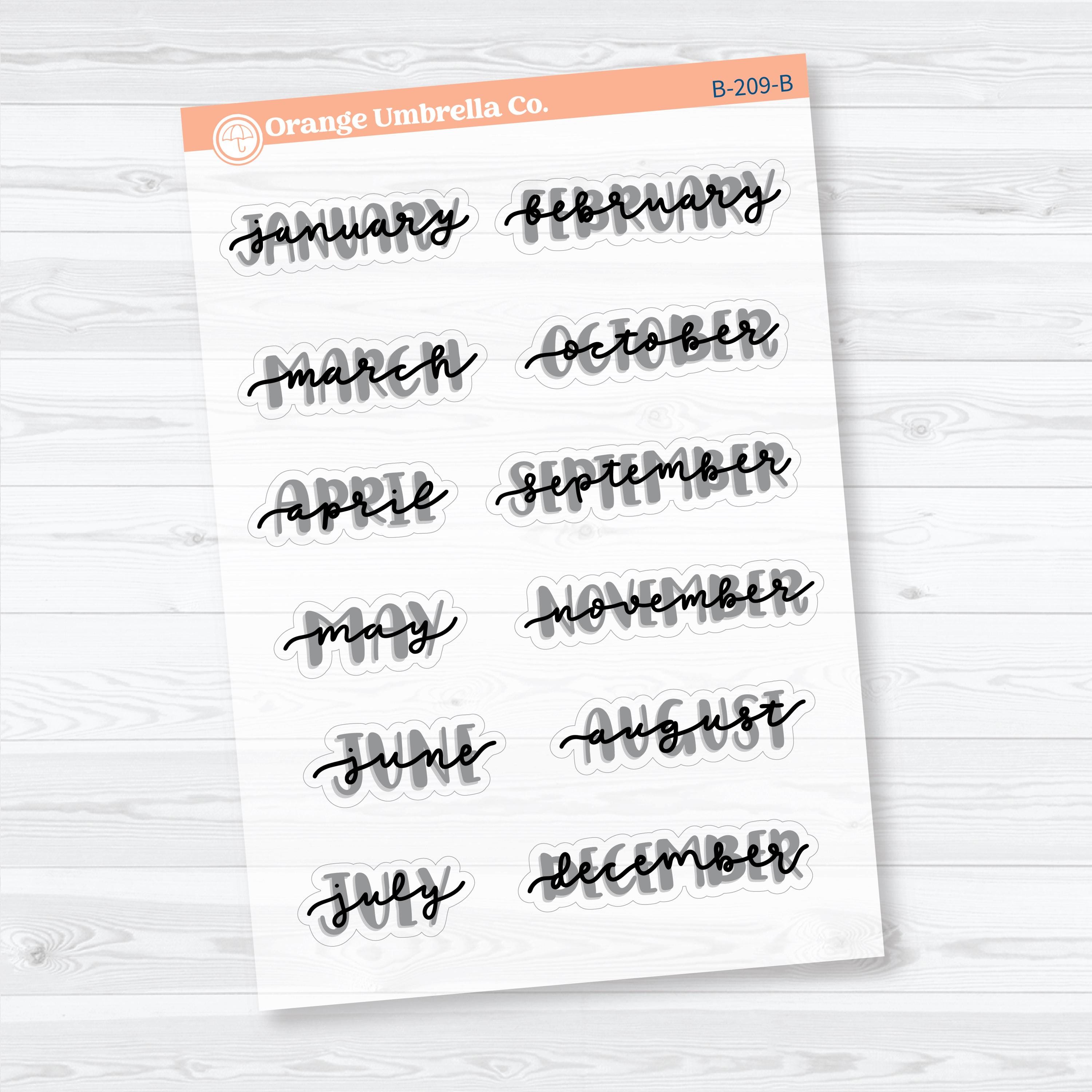 Hand Doodled Month Clear Matte Planner Stickers | Medium Planner Month Labels | B-209-CM