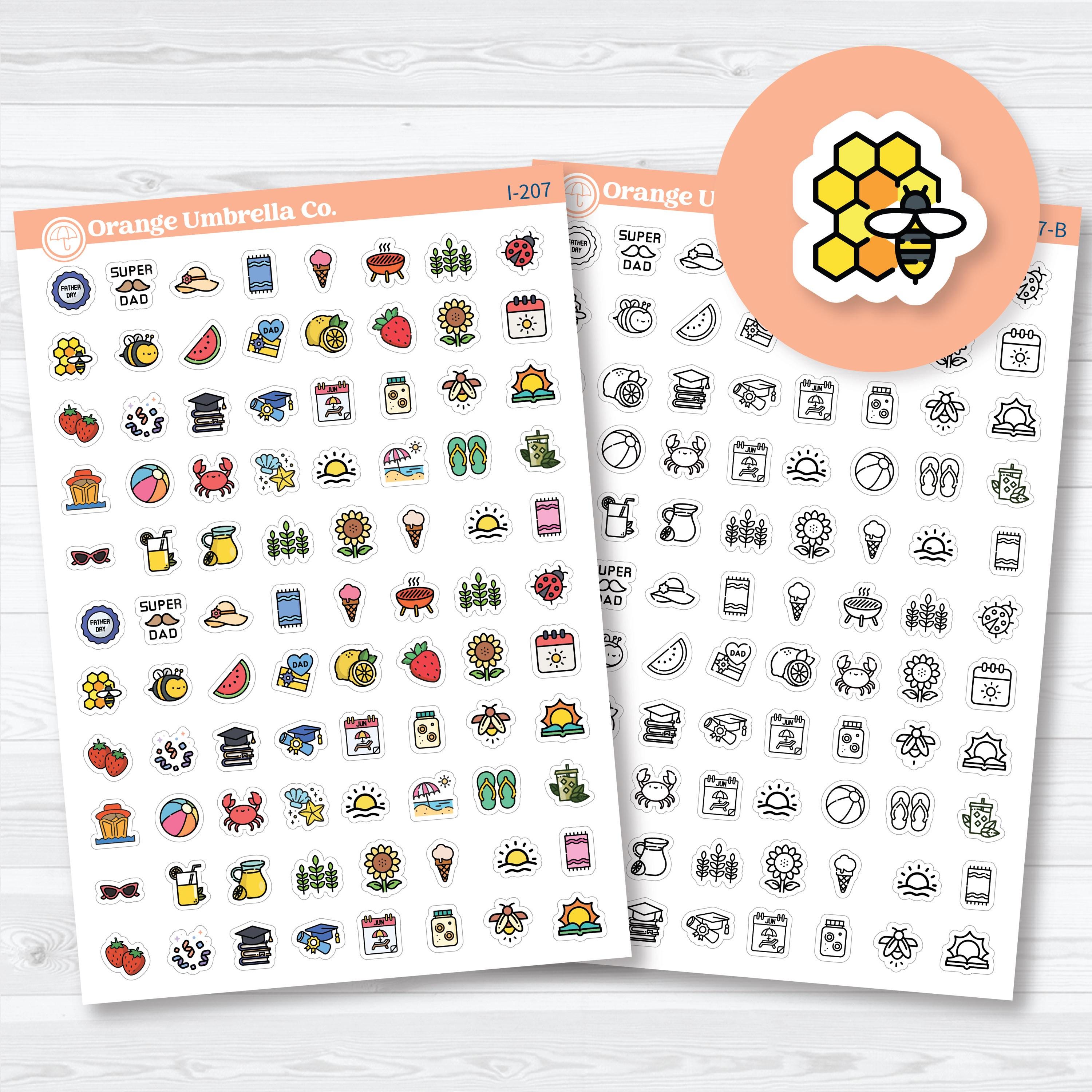 June themed planner icon stickers with tiny summer icons including fruit, sunshine, beach items, and seasonal planning symbols