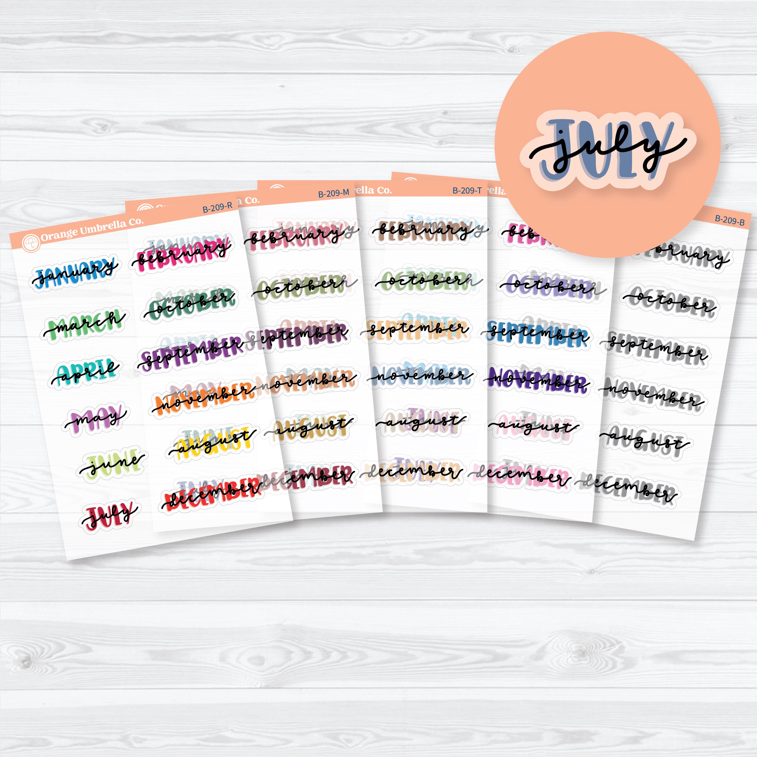 Hand doodled month planner stickers with script monthly headers for planners, bullet journals, and monthly dashboard layouts
on clear matte sticker paper