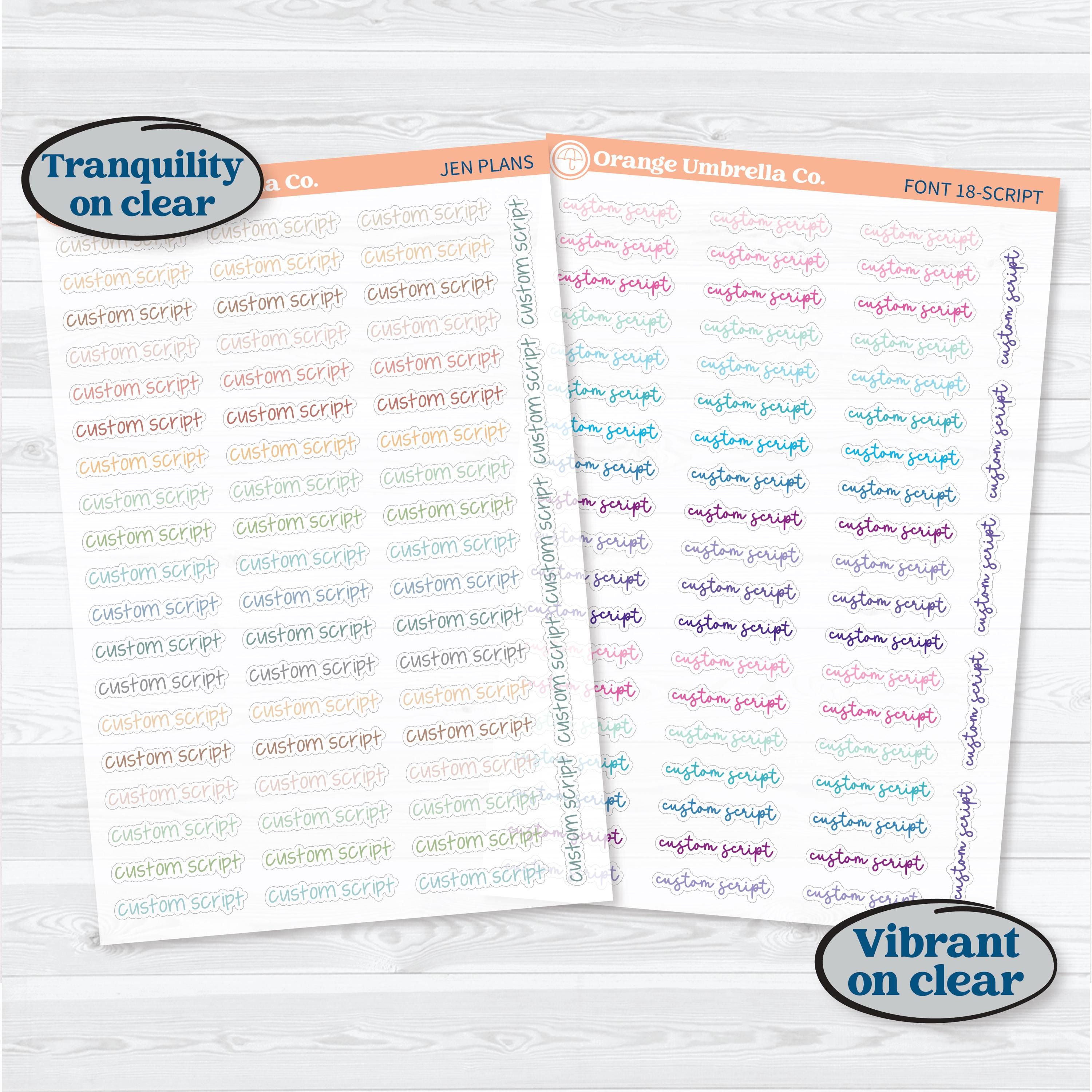 Hobonichi Cousin Custom Scripts | Color on Clear Matte Planner Stickers | 1 Word/Phrase per Sheet | customscript-hobocolor-cm
