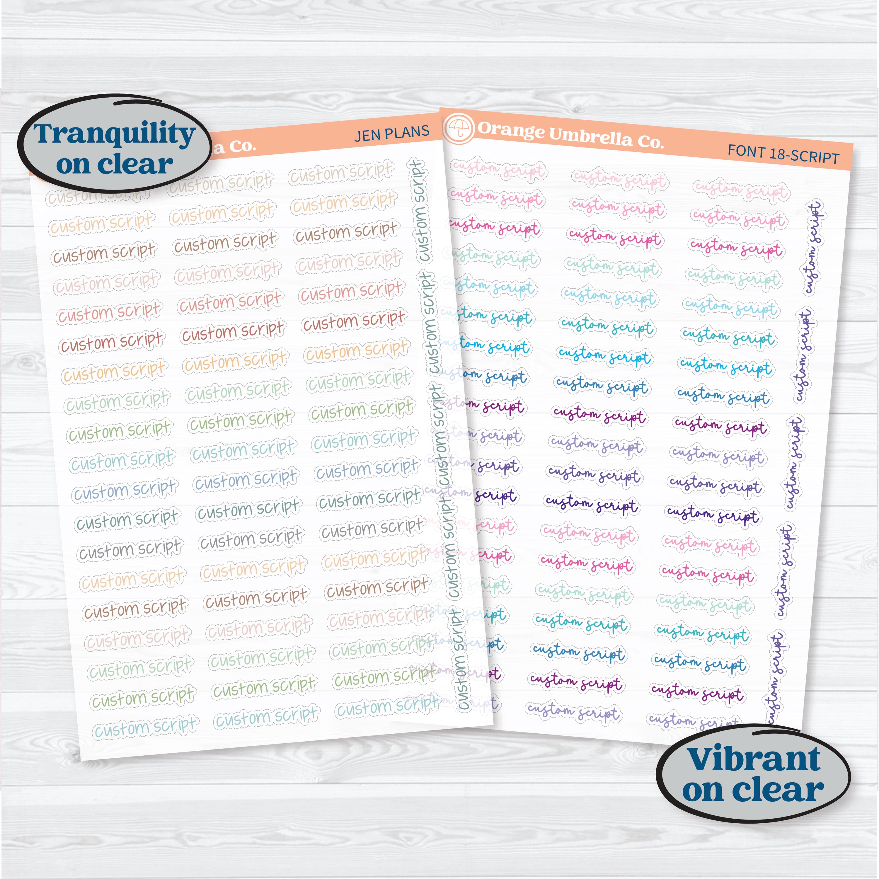 Custom Script Planner Stickers | Color Scripts on Clear Matte | 1 Word/Phrase per Sheet | customscript-color-cm