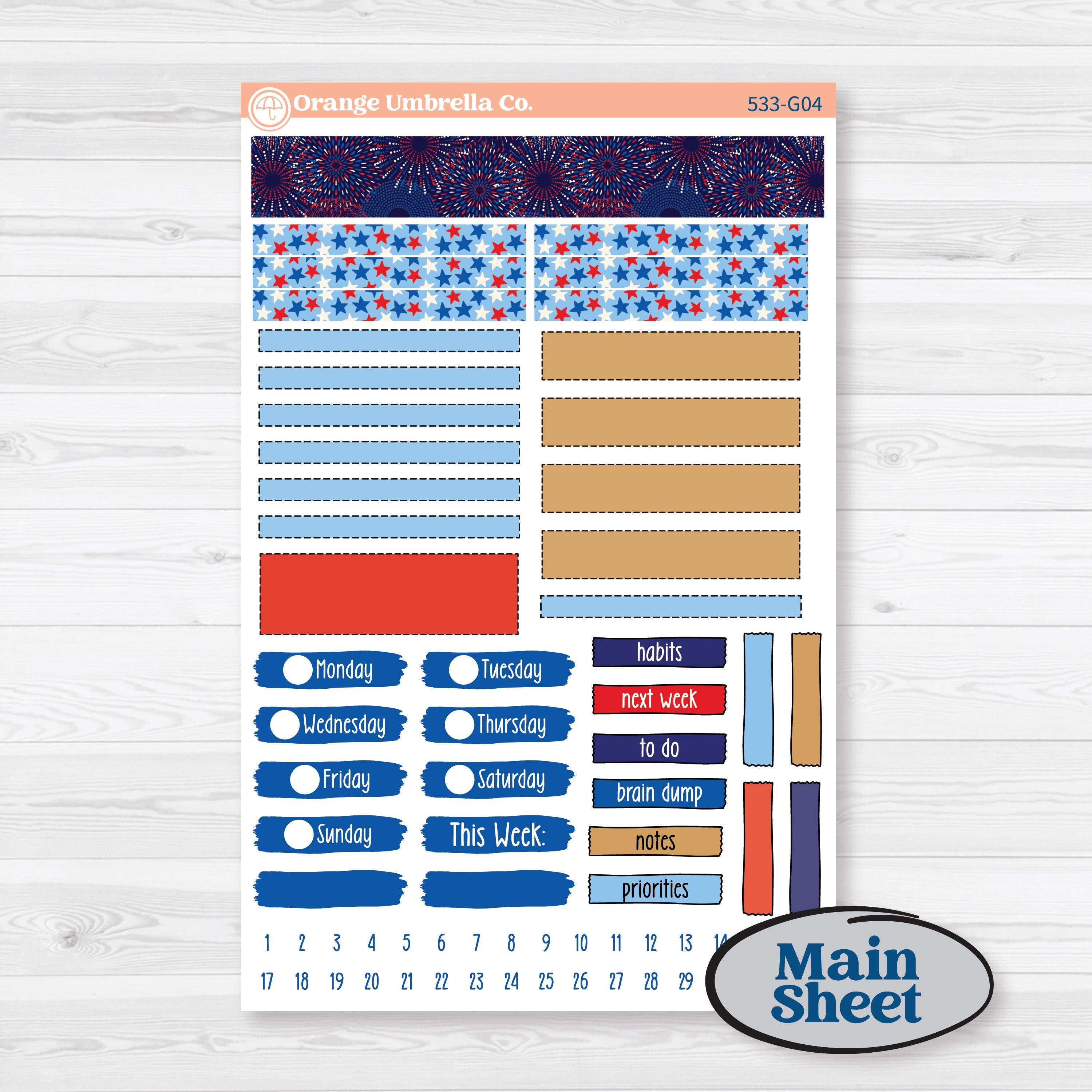 Fourth of July | Erin Condren A5 Weekly Dashboard Planner Kit Stickers | Red White & Kaboom | KIT-533-G4