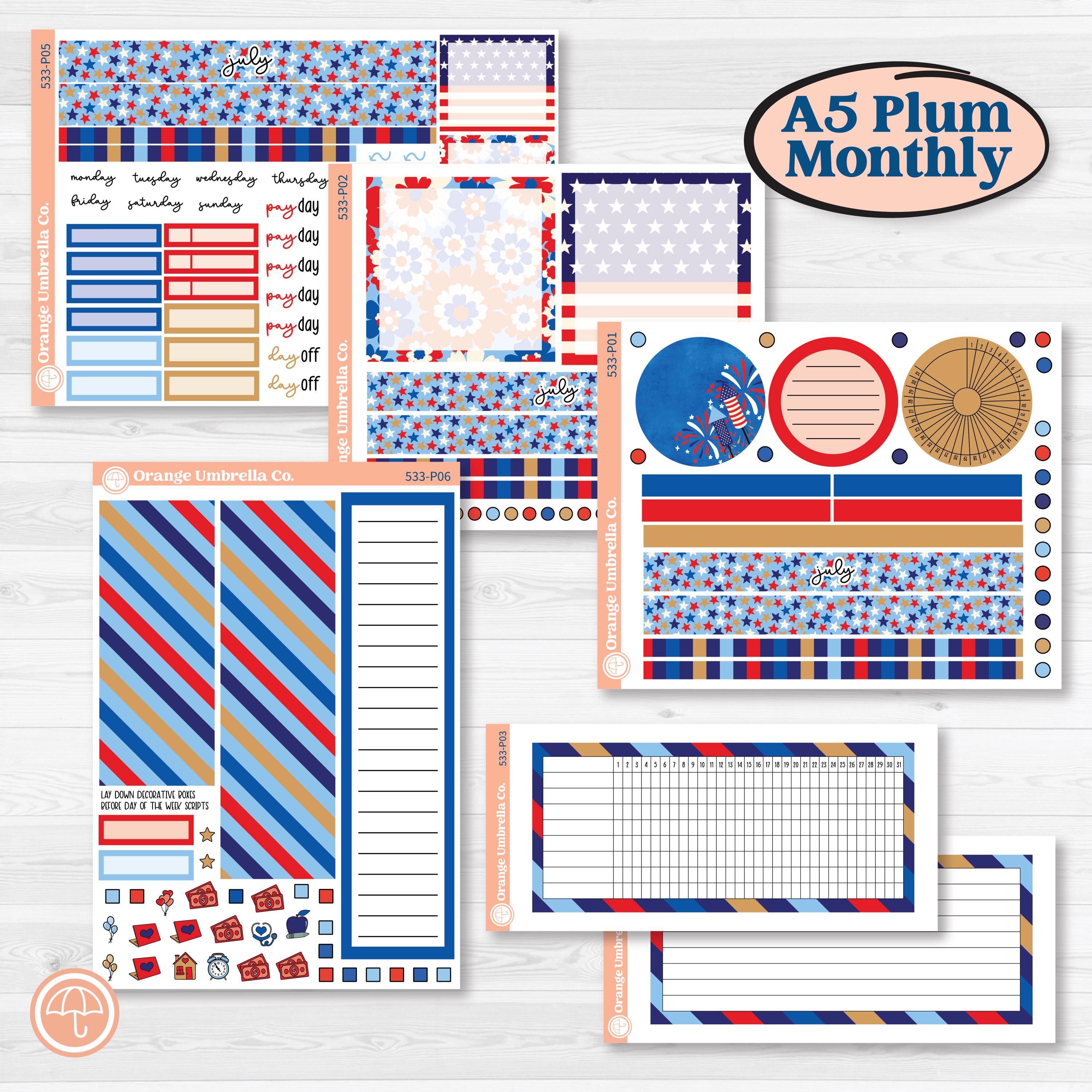 Fourth of July | A5 Plum Monthly + Dashboard Planner Kit Stickers | Red White & Kaboom | KIT-533-P