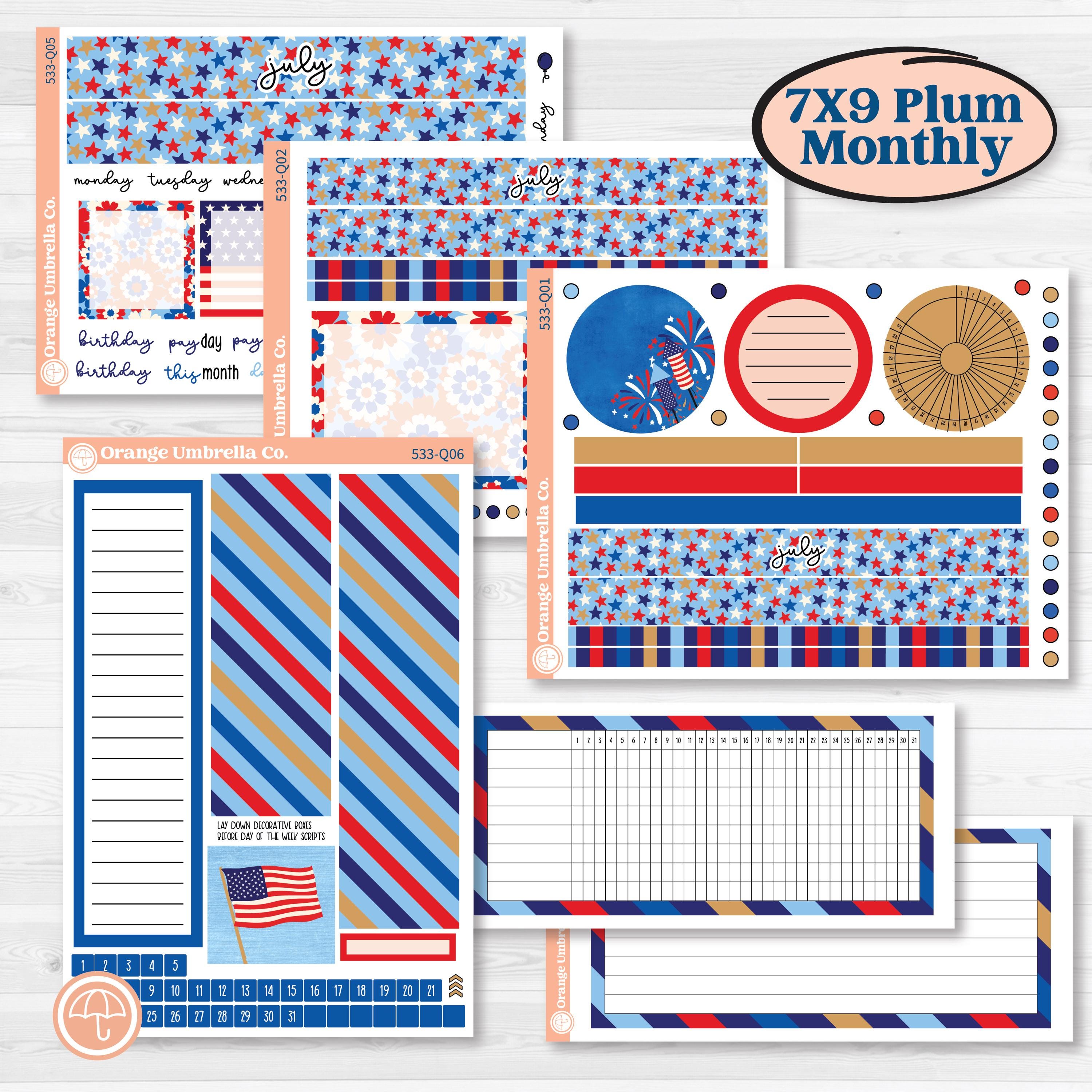 Fourth of July | 7x9 Plum Monthly + Dashboard Planner Kit Stickers | Red White & Kaboom | KIT-533-Q