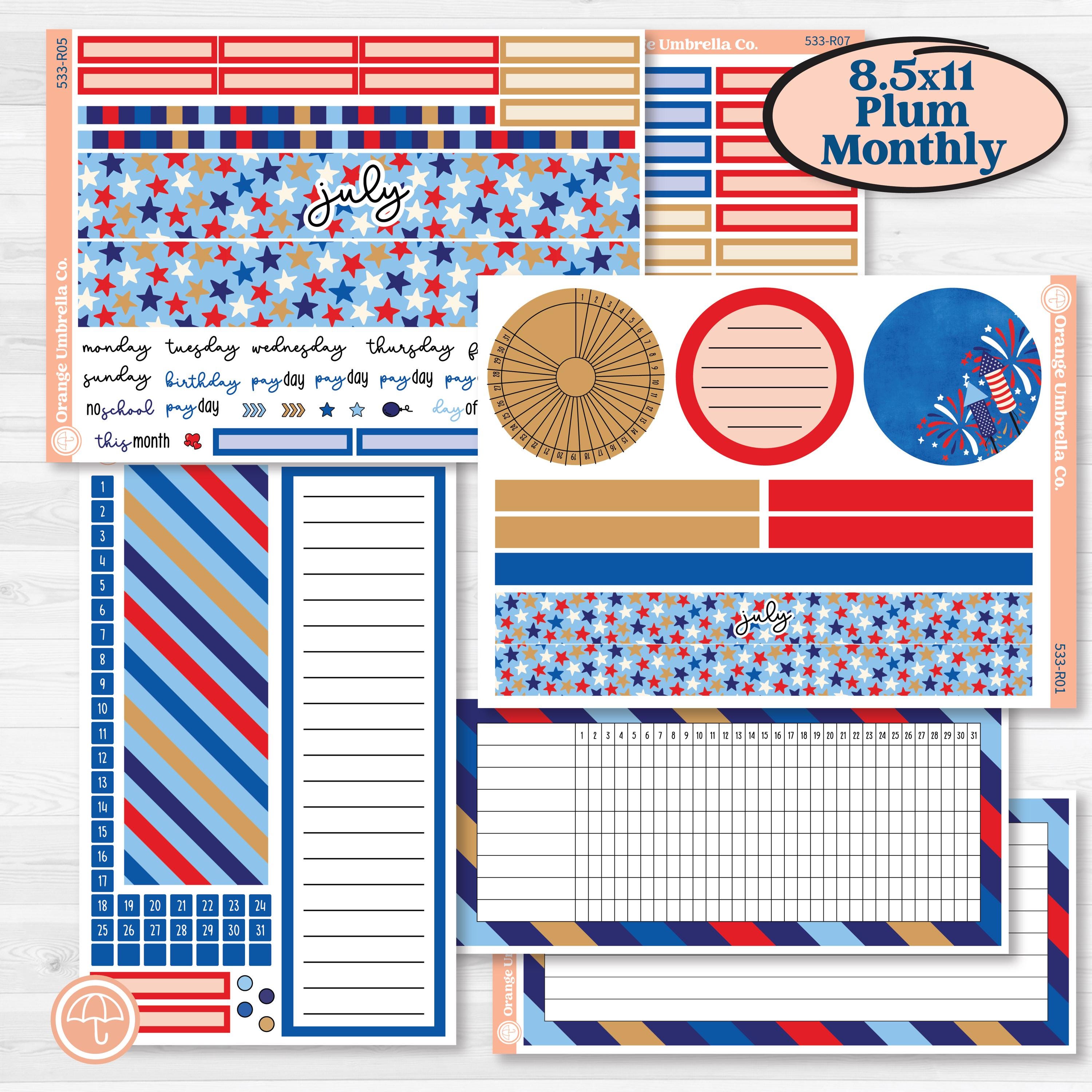 Fourth of July | 8.5x11 Plum Monthly + Dashboard Planner Kit Stickers | Red White & Kaboom | KIT-533-R