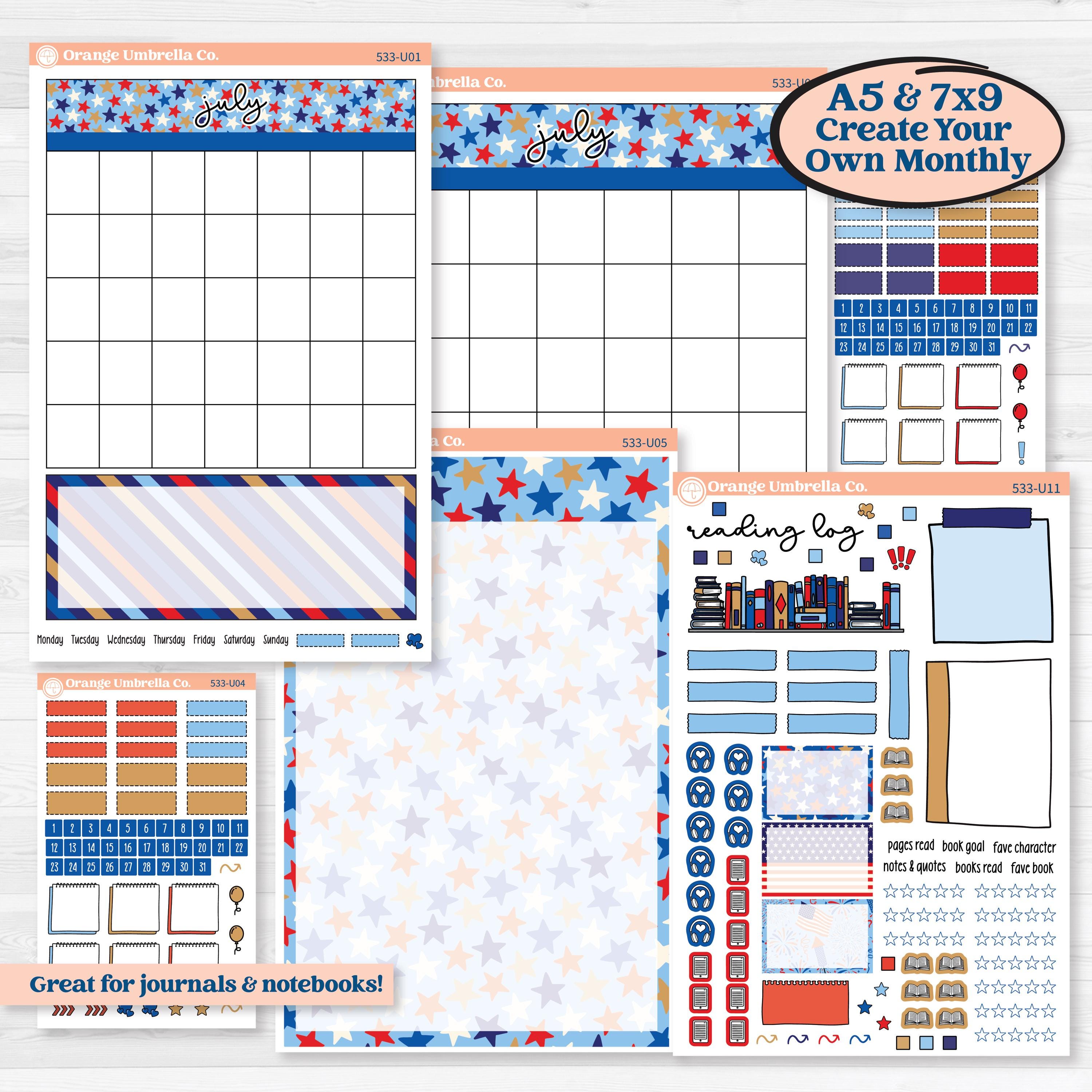 Fourth of July | A5 7x9 Create Your Own Monthly or Dashboard Universal | Monthly + Reading Log Sticker Kit | Red White & Kaboom | KIT-533-U
