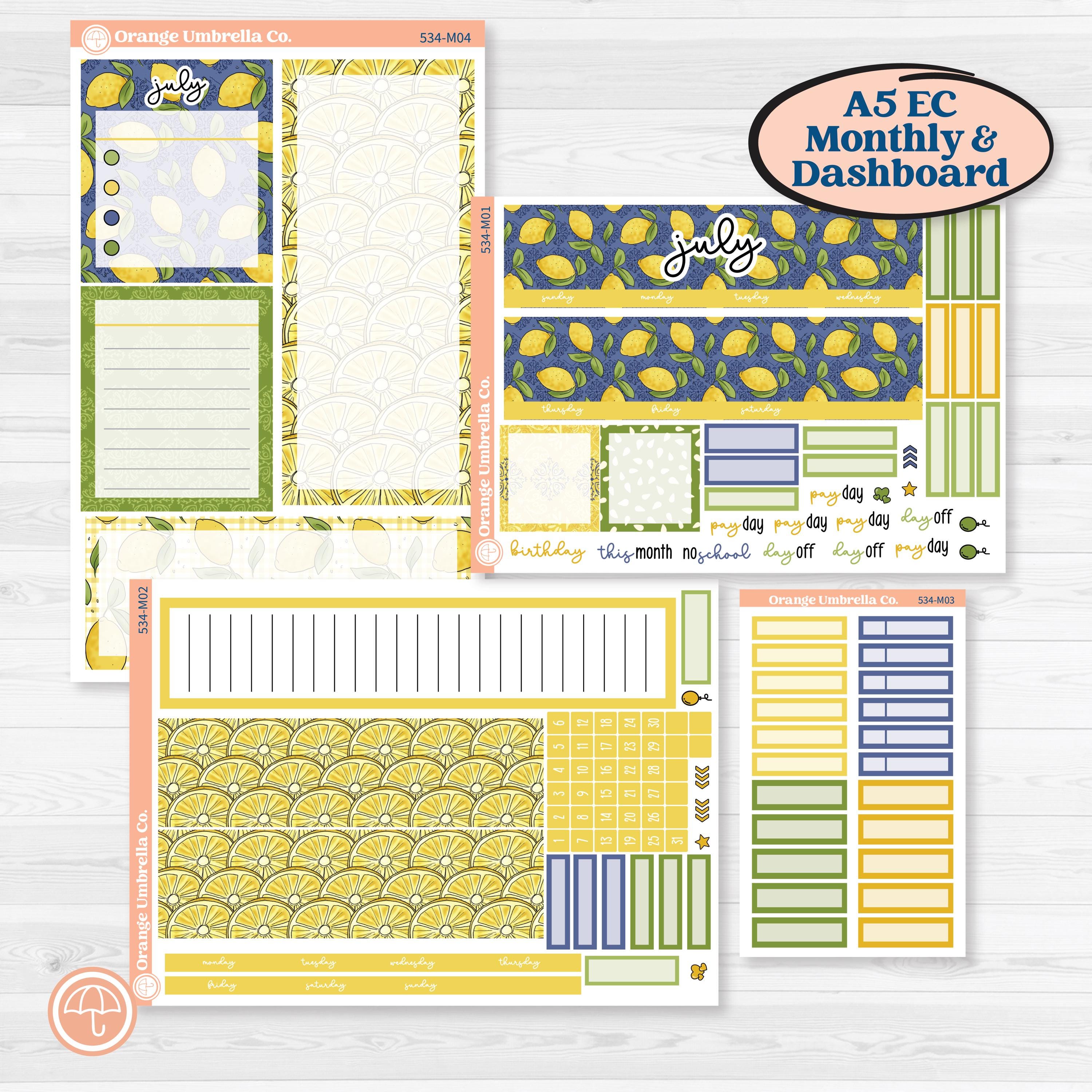 Summer Lemon Kit | A5 Erin Condren Monthly & Productivity Dashboard Sticker Kit | Lemonade Stand | KIT-534-M
