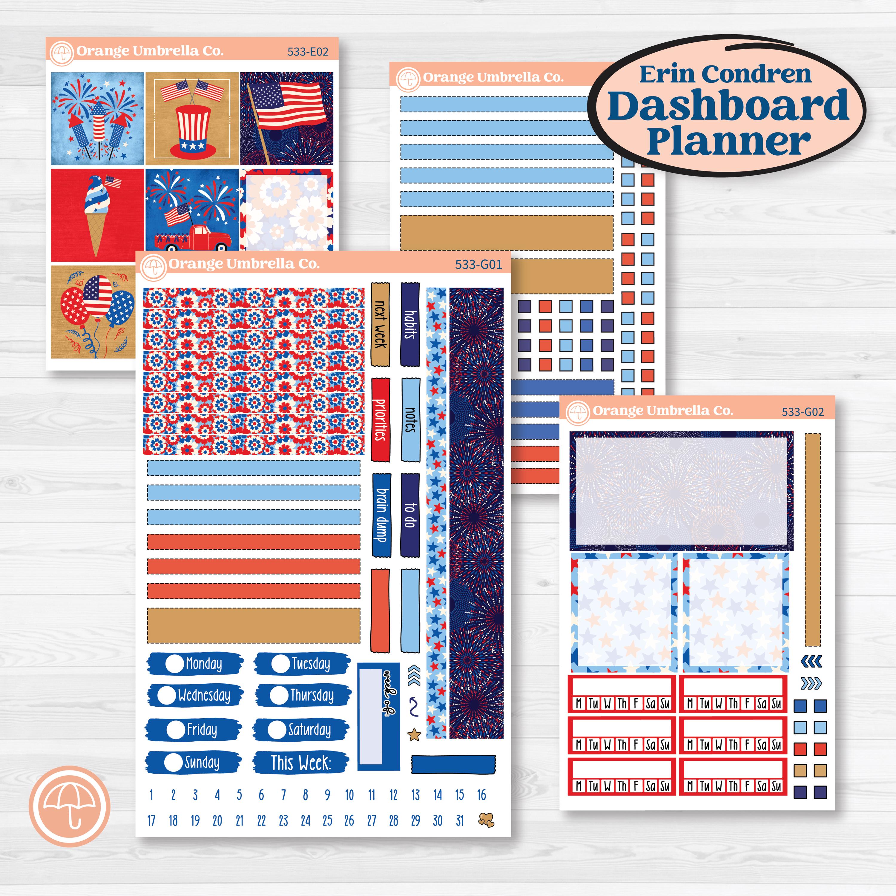 Fourth of July | Erin Condren 7x9 Weekly Dashboard Planner Kit Stickers | Red White & Kaboom | KIT-533-G