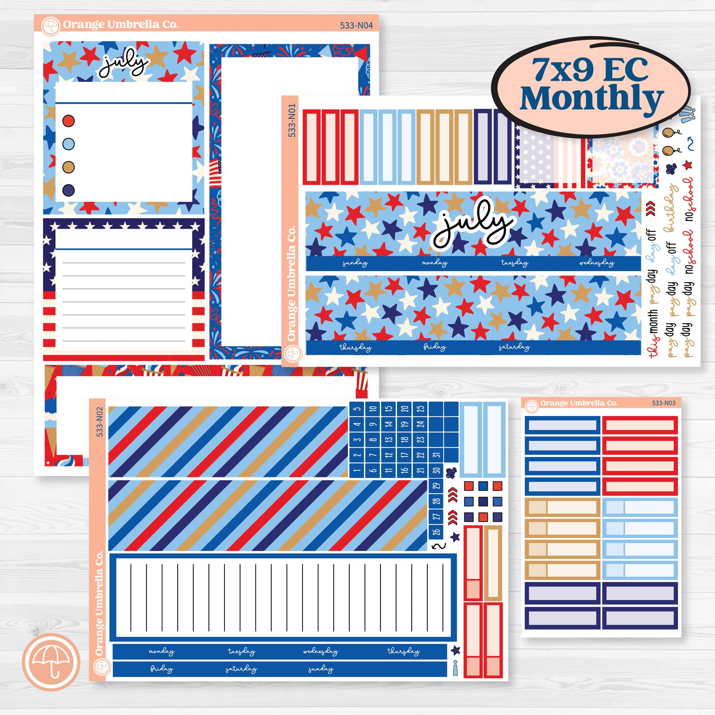 Fourth of July | 7x9 Erin Condren Life Planner Monthly + Dashboard Sticker Kit | Red White & Kaboom | KIT-533-N