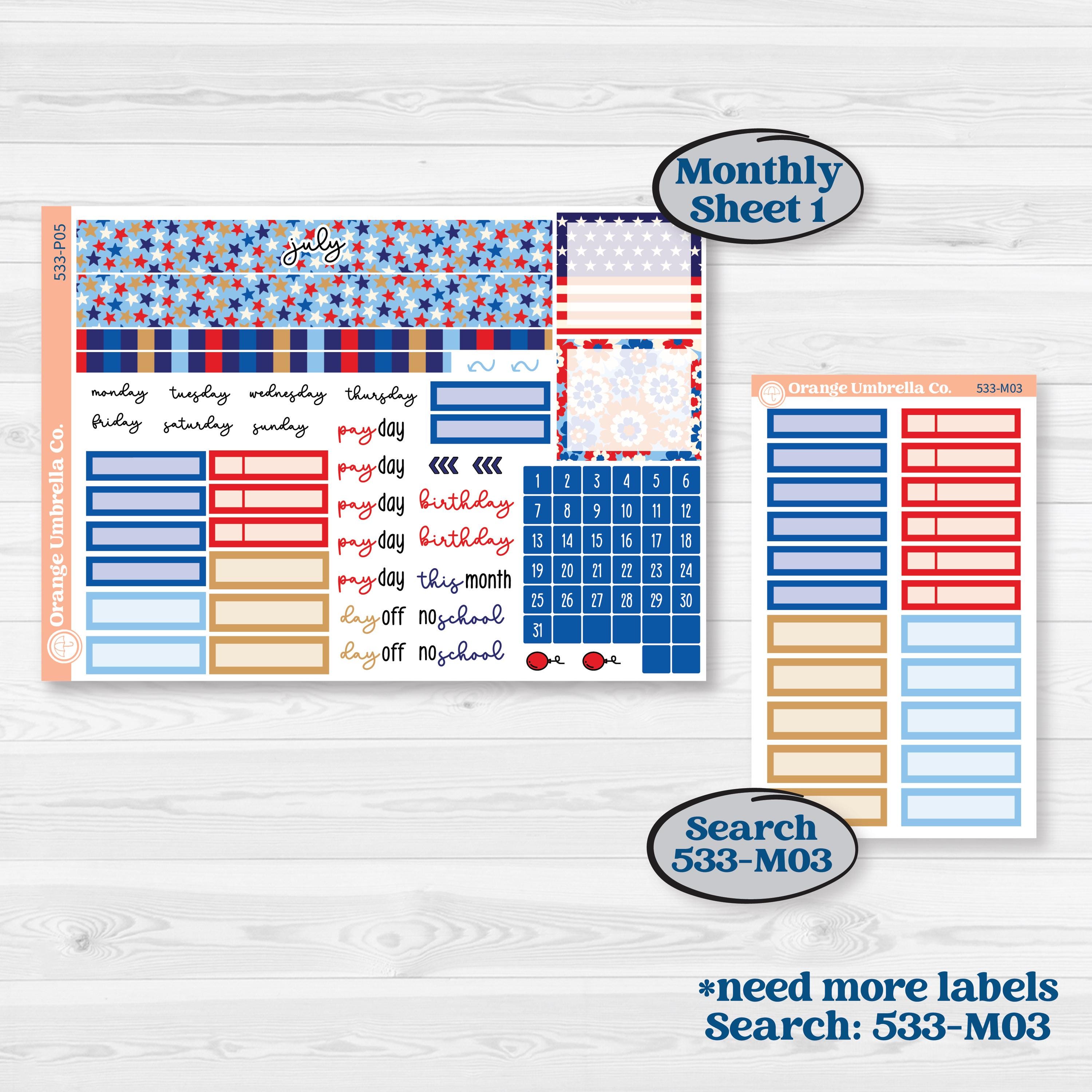 Fourth of July | A5 Plum Monthly + Dashboard Planner Kit Stickers | Red White & Kaboom | KIT-533-P