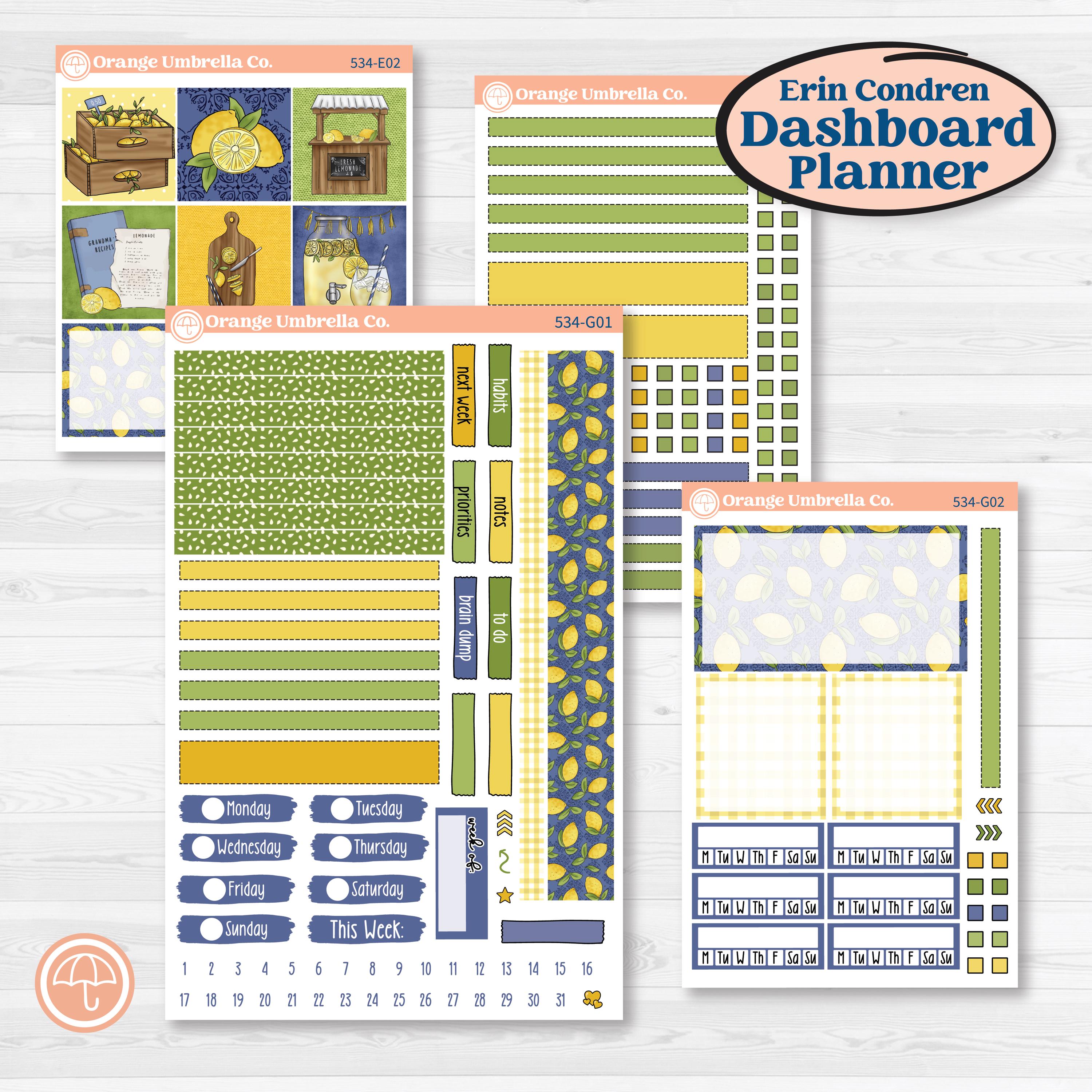 Summer Lemon Kit | Erin Condren 7x9 Weekly Dashboard Planner Kit Stickers | Lemonade Stand | KIT-534-G