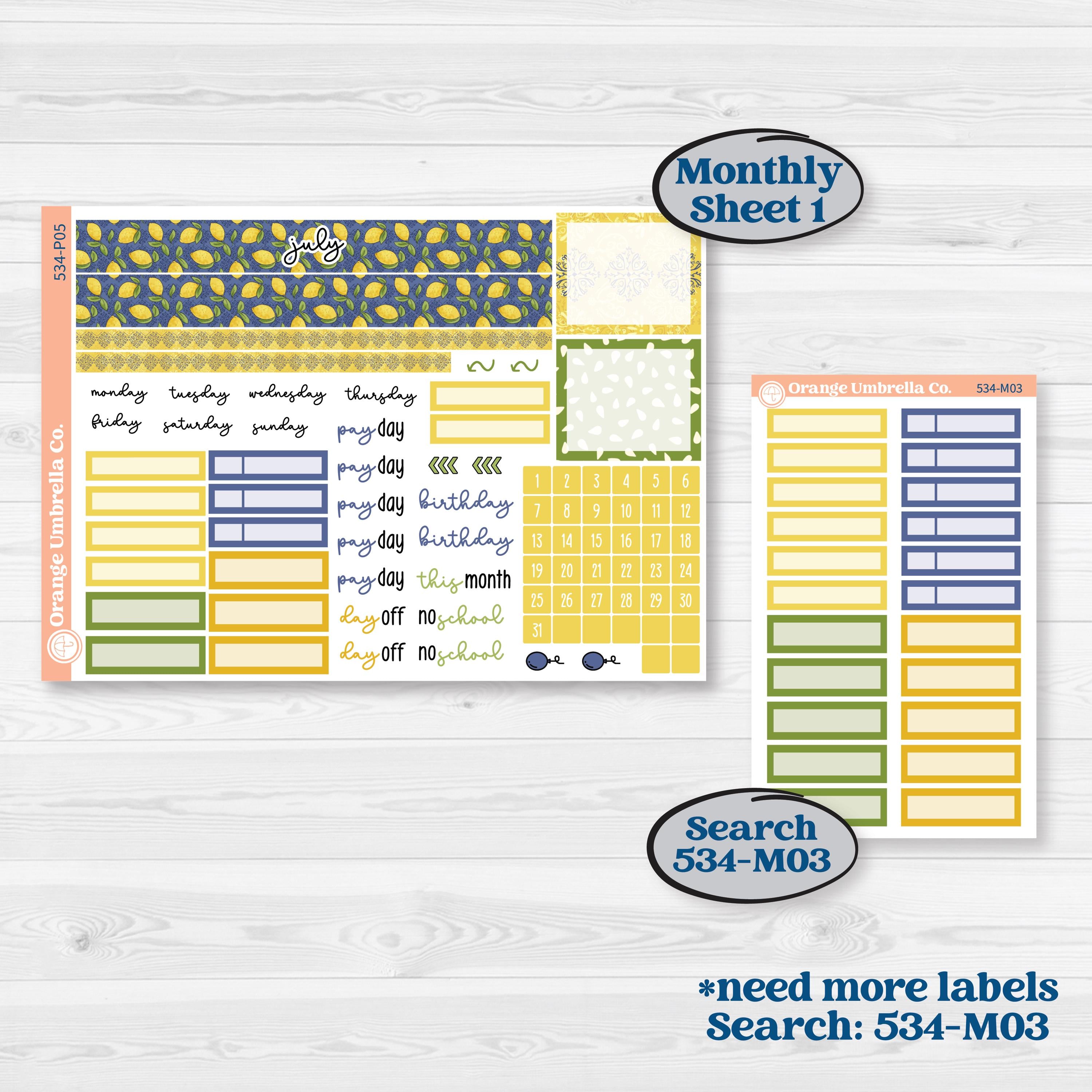 Summer Lemon Kit | A5 Plum Monthly & Dashboard Planner Kit Stickers | Lemonade Stand | KIT-34-P