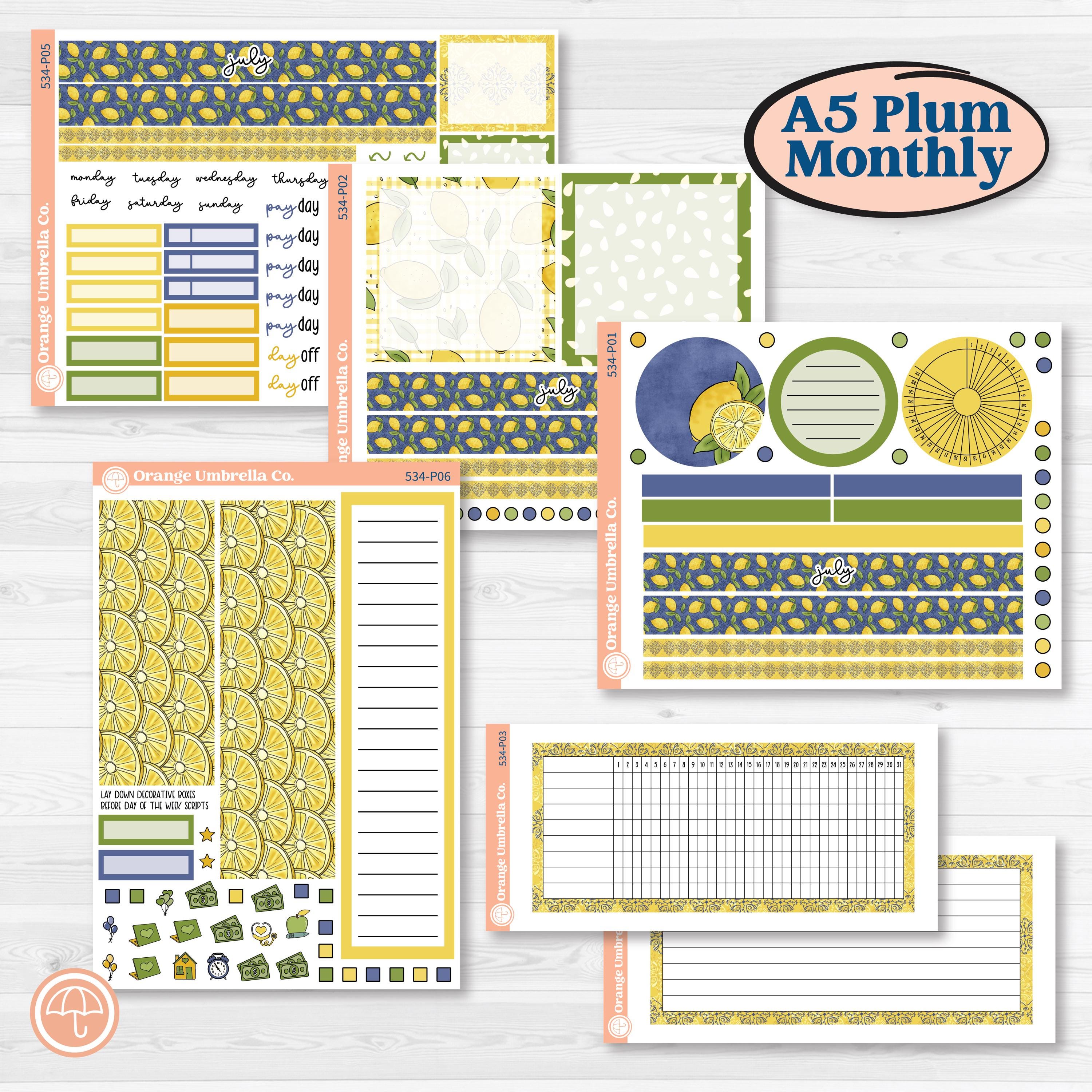 Summer Lemon Kit | A5 Plum Monthly & Dashboard Planner Kit Stickers | Lemonade Stand | KIT-34-P