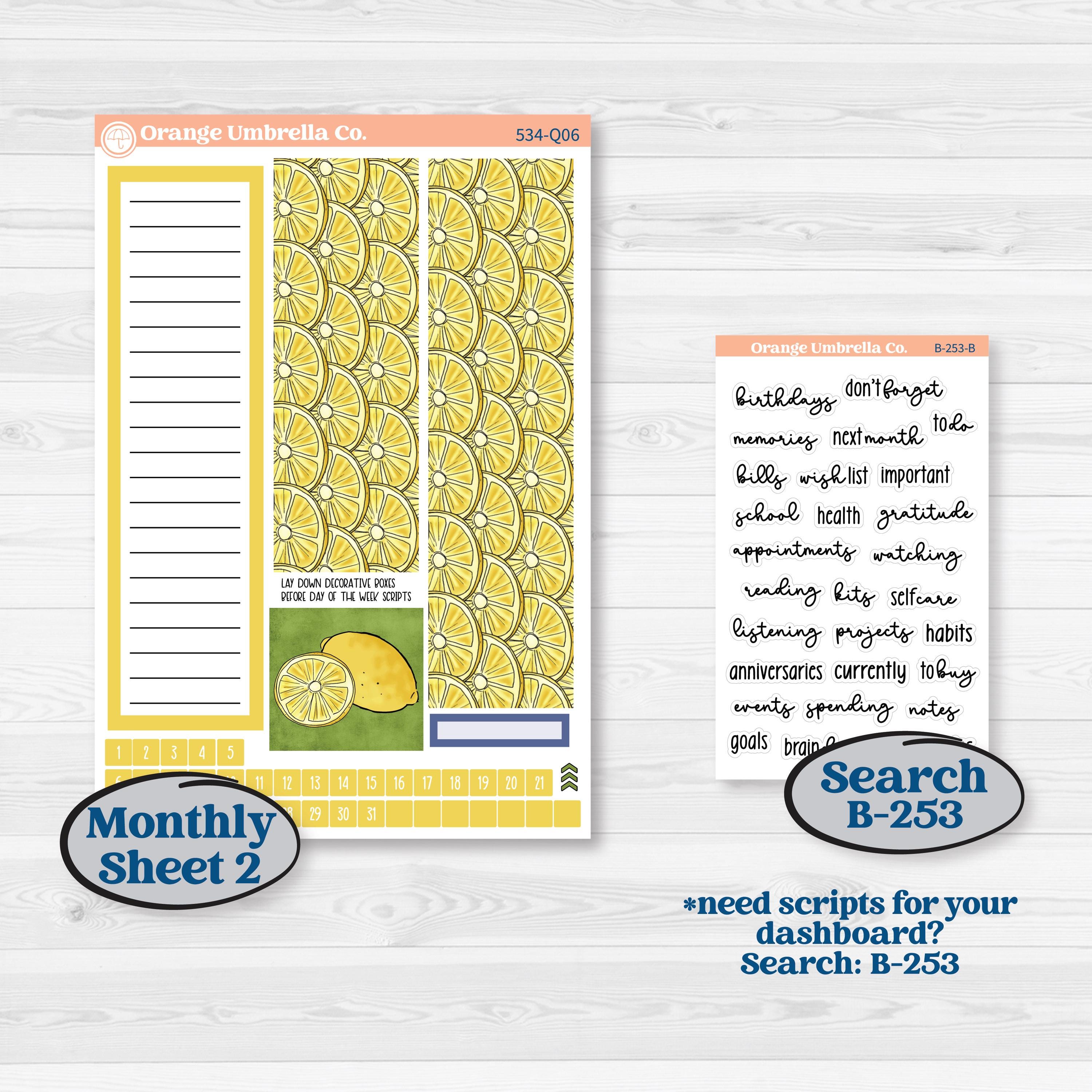 Summer Lemon Kit | 7x9 Plum Monthly & Dashboard Planner Kit Stickers | Lemonade Stand | KIT-534-Q