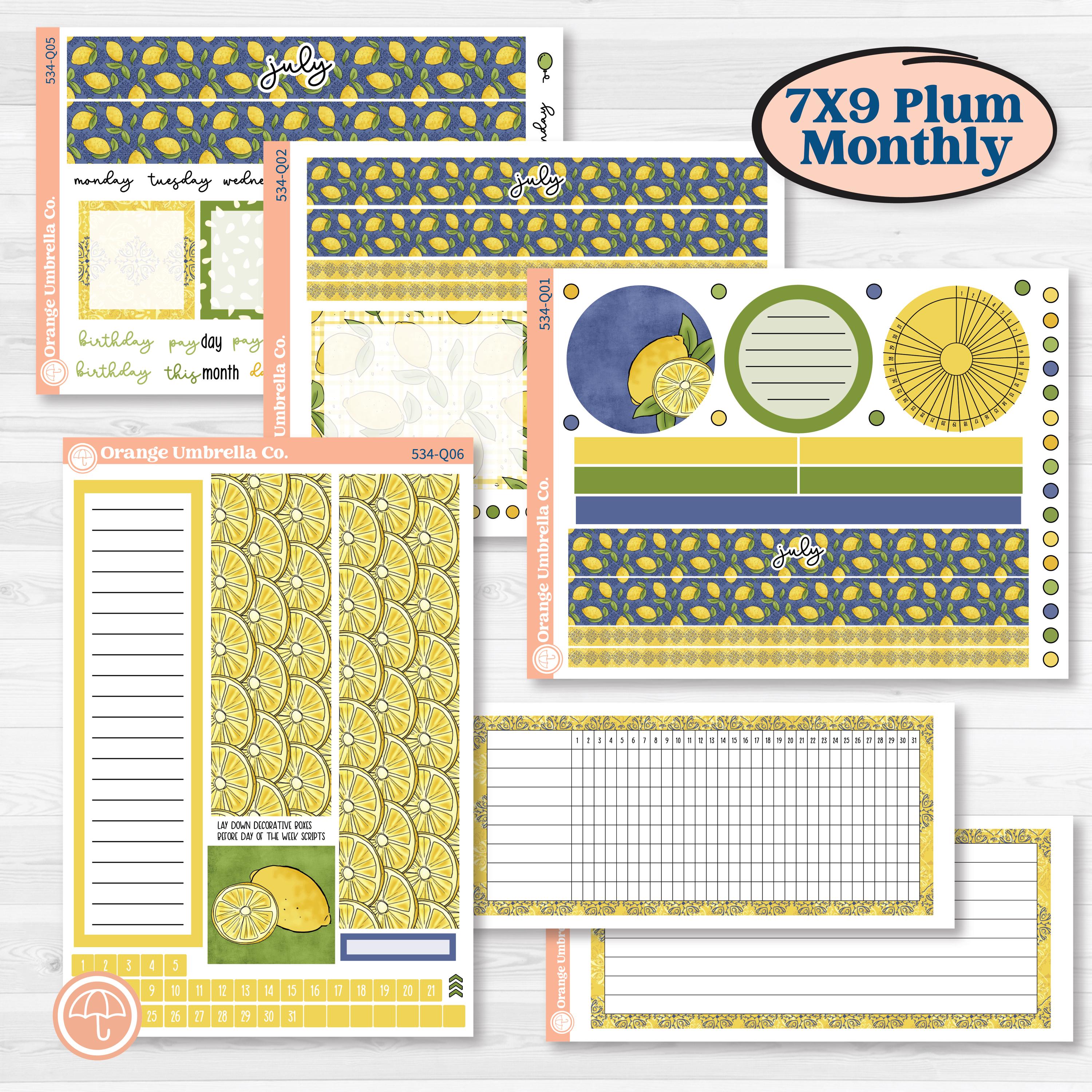 Summer Lemon Kit | 7x9 Plum Monthly & Dashboard Planner Kit Stickers | Lemonade Stand | KIT-534-Q