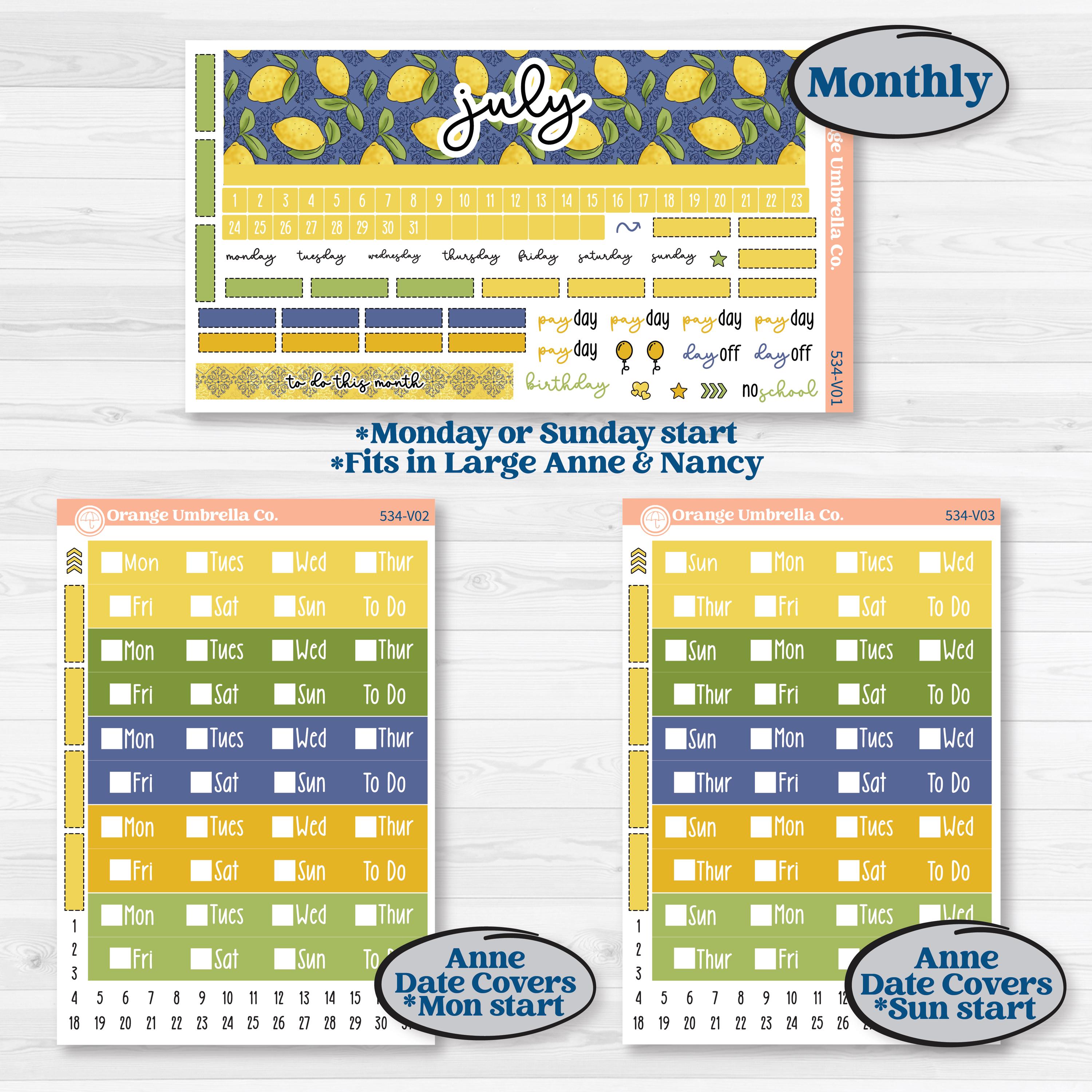 Summer Lemon Kit | Laurel Denise Nancy Large & Anne Large Planner Kit Stickers | Lemonade Stand | KIT-534-V