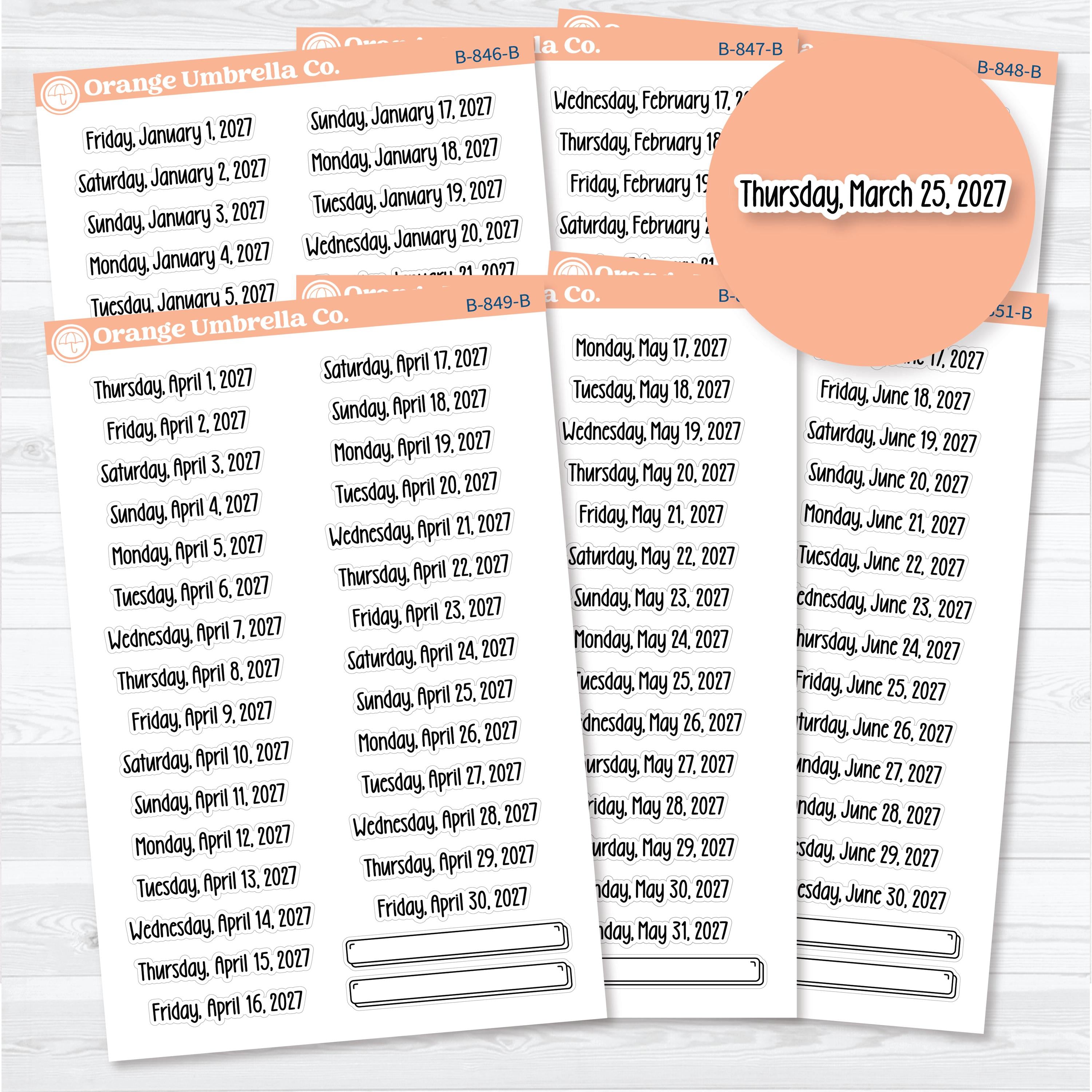 Dates of the Month 2027 | January-June Planner Stickers | F18 | B-846-851-B
