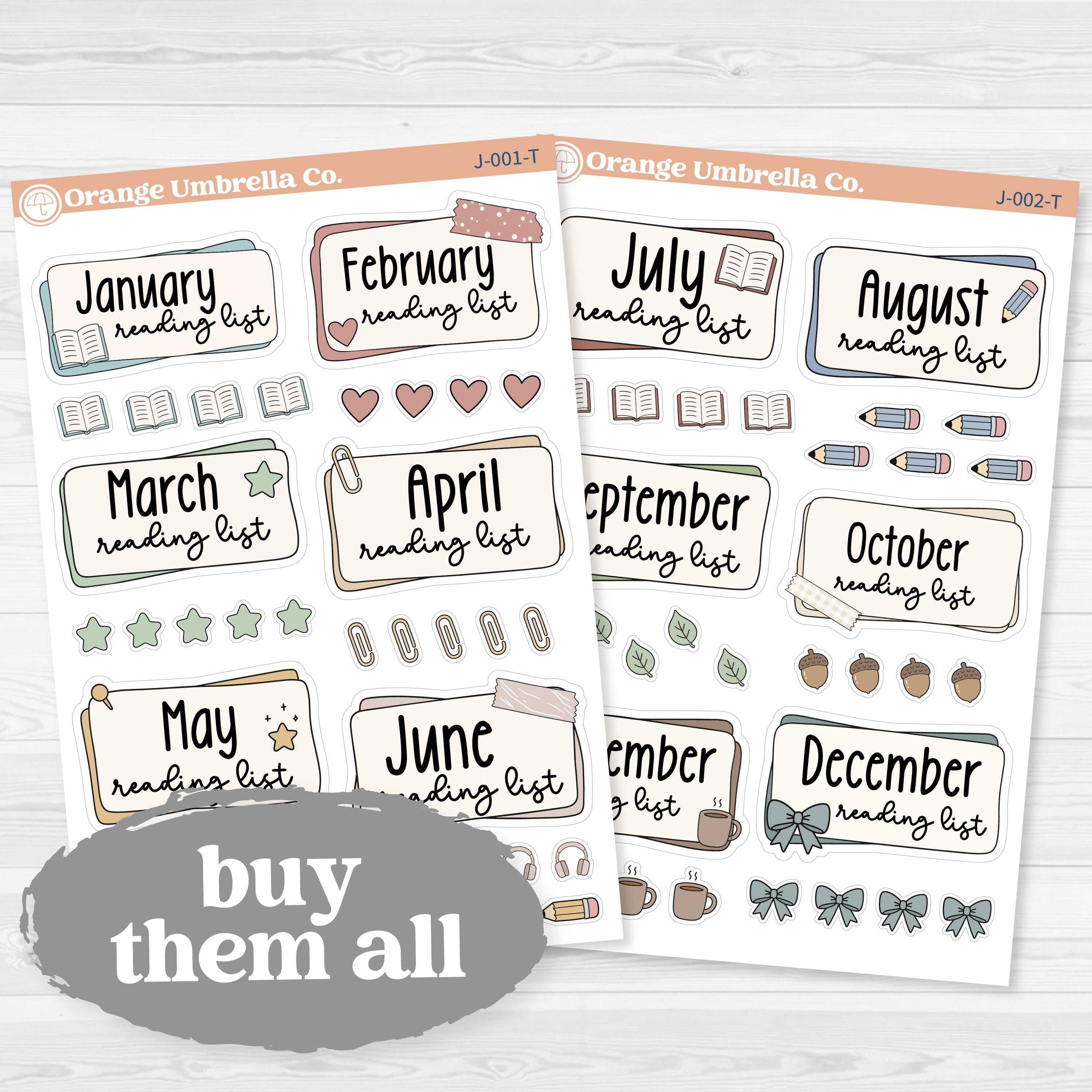 Reading Journal Monthly Reading List Planner Stickers | Reading Tracker Labels | J-001-T & J-002-T