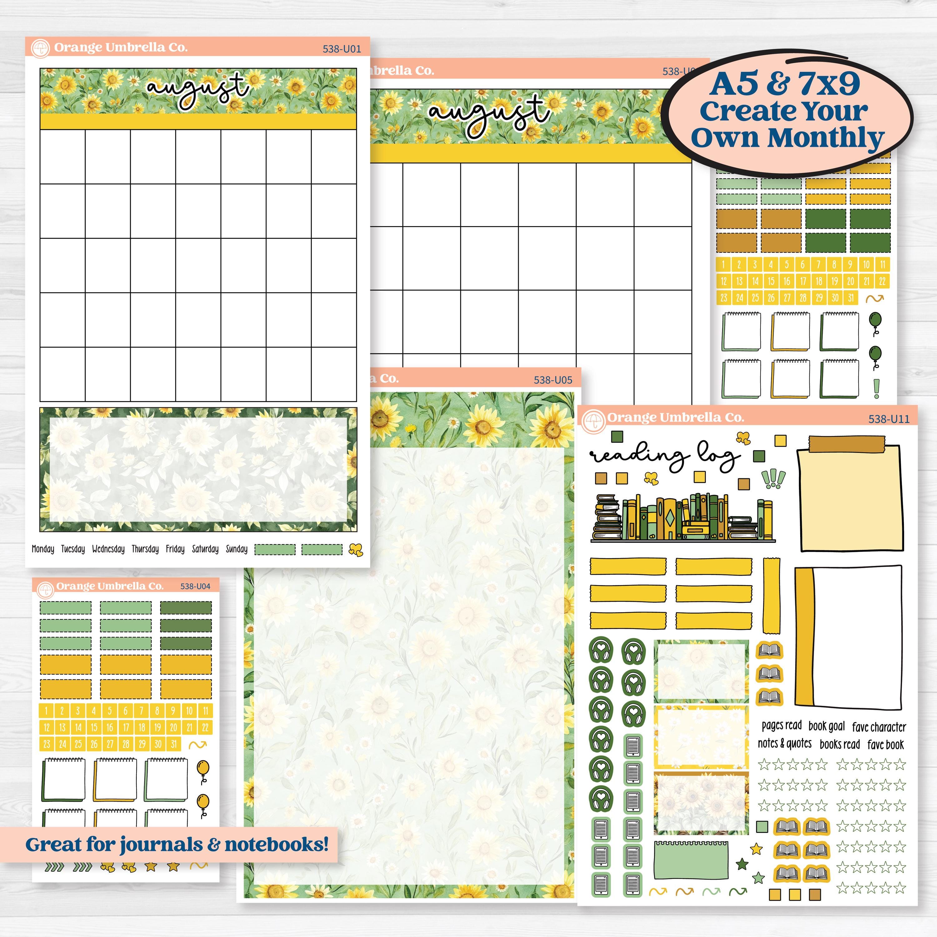 Sunflower Cottage | A5 or 7x9 Create Your Own Monthly or Dashboard Universal | Monthly & Reading Log Sticker Kit | Sun Blooms | KIT-538-U