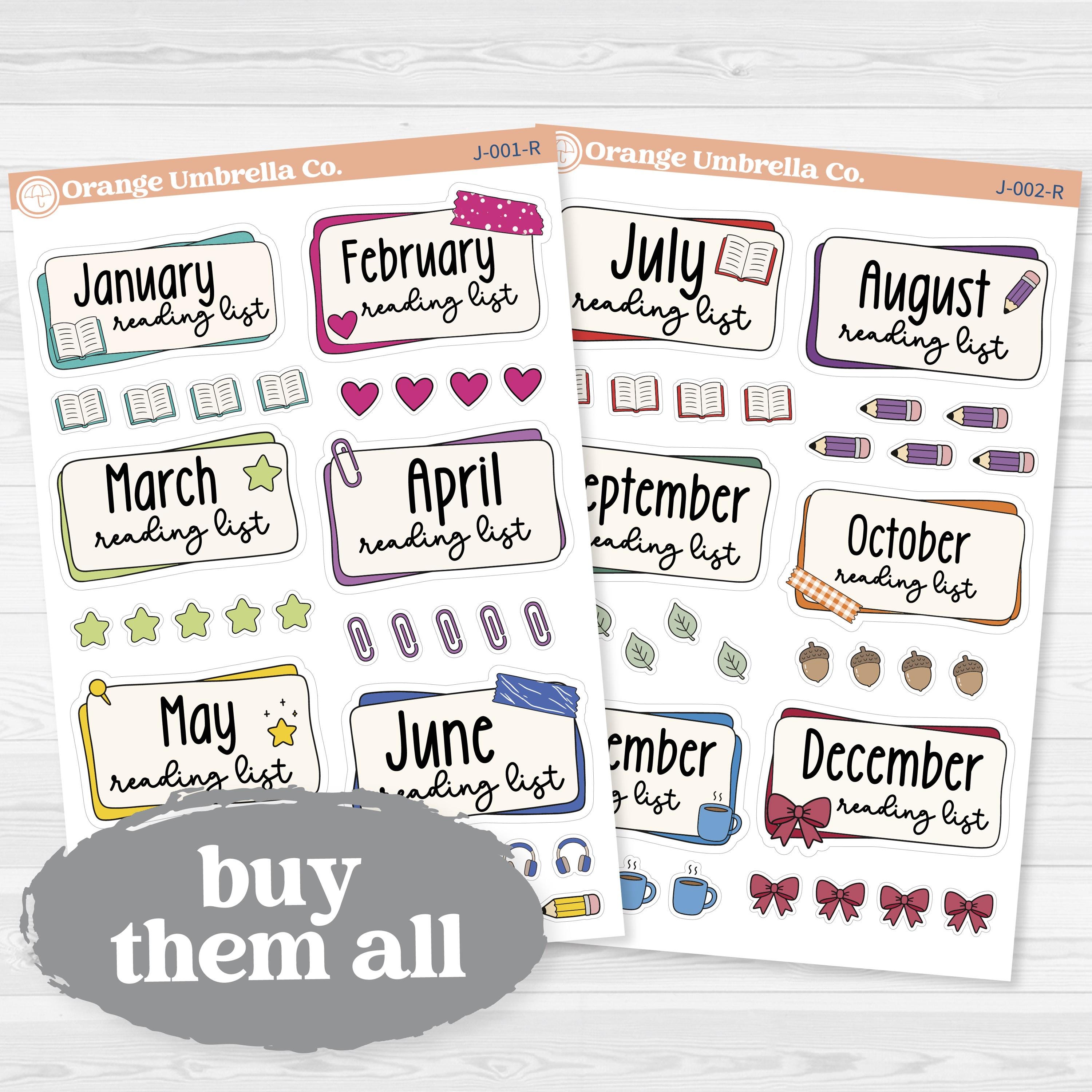 Reading Journal Monthly Reading List Planner Stickers | Reading Tracker Labels | J-001-R & J-002-R