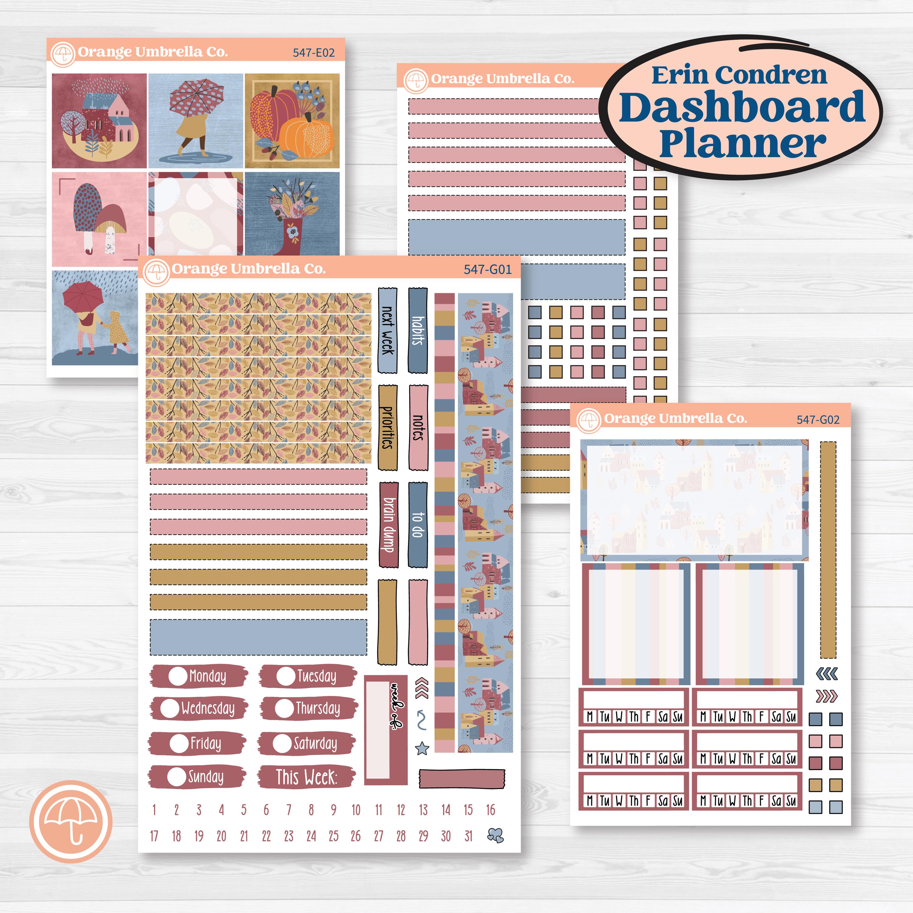Rainy Autumn Kit | Erin Condren 7x9 Weekly Dashboard Planner Kit Stickers | Rain Fall | KIT-547-G