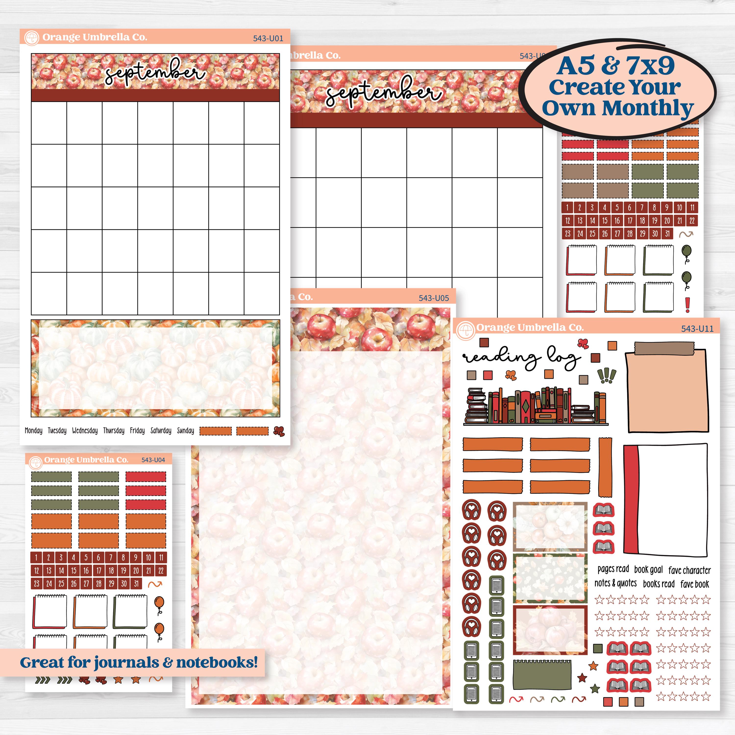 Apple Harvest | A5 or 7x9 Create Your Own Monthly Dashboard Universal | Monthly & Reading Log Sticker Kit | Apple Crisp | KIT-543-U