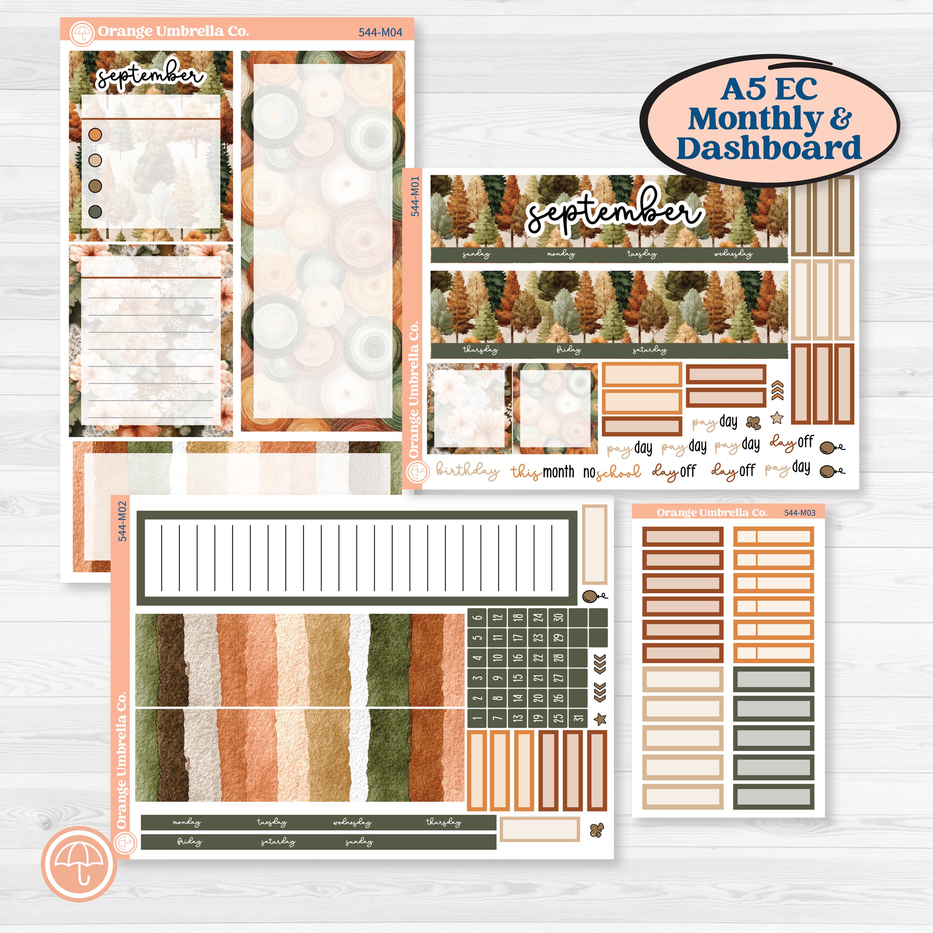 Autumn Woodland Planner Kit | A5 Erin Condren Monthly & Productivity Dashboard Sticker Kit | Autumn Stroll | KIT-544-M