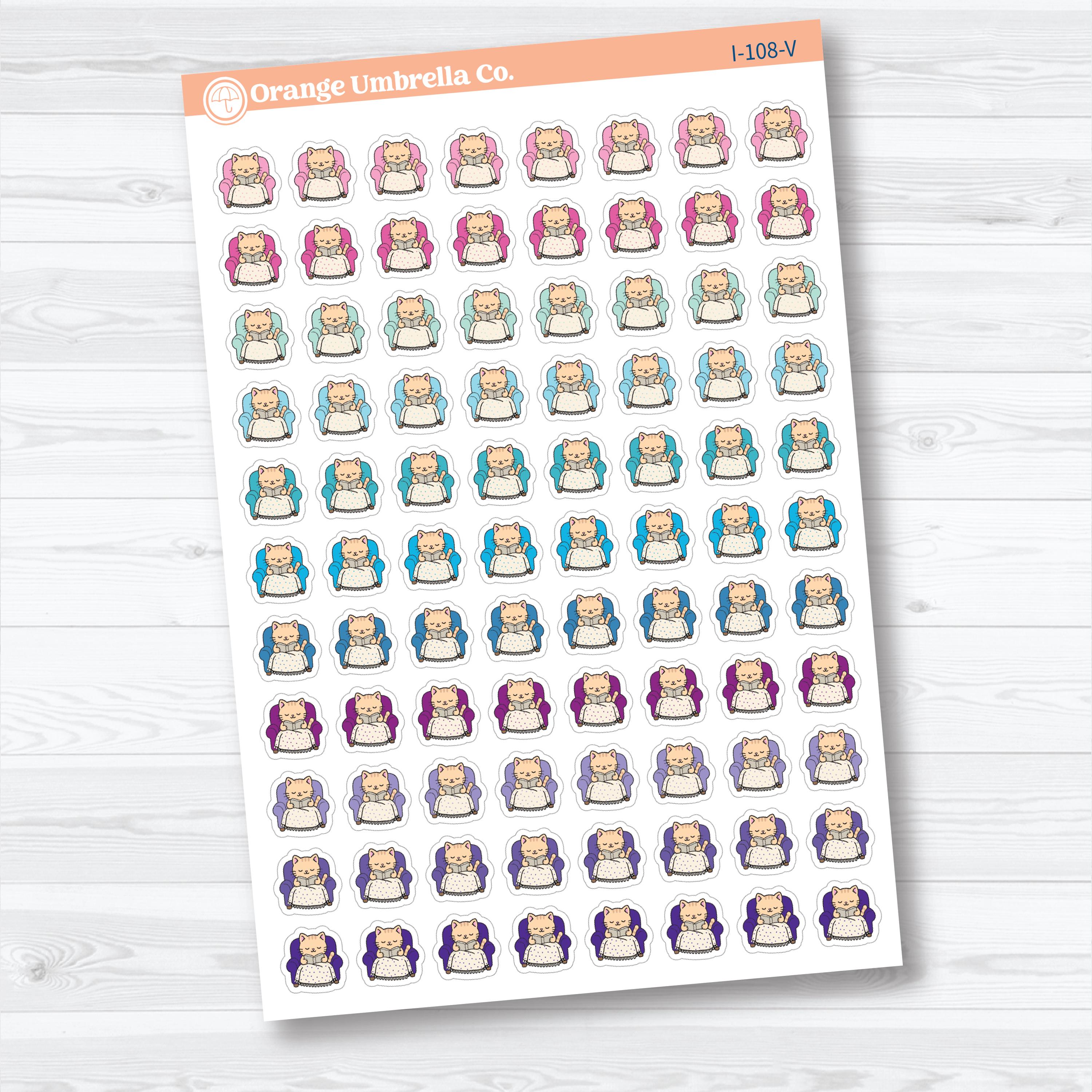 Mini Cozy Reading Spazz | Reading Cat Character Planner Stickers | I-108