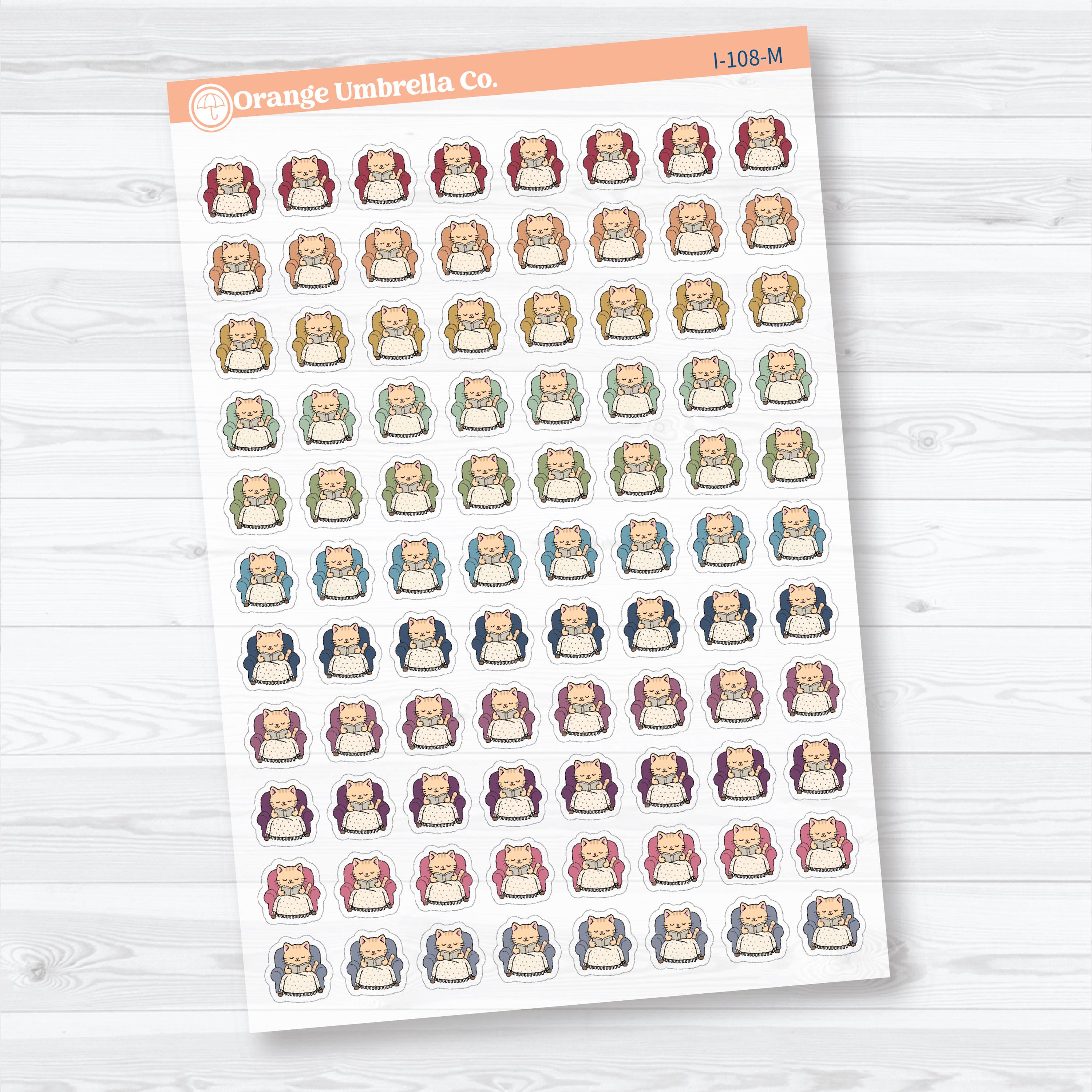 Mini Cozy Reading Spazz | Clear Matte Reading Cat Character Planner Stickers | I-108-CM